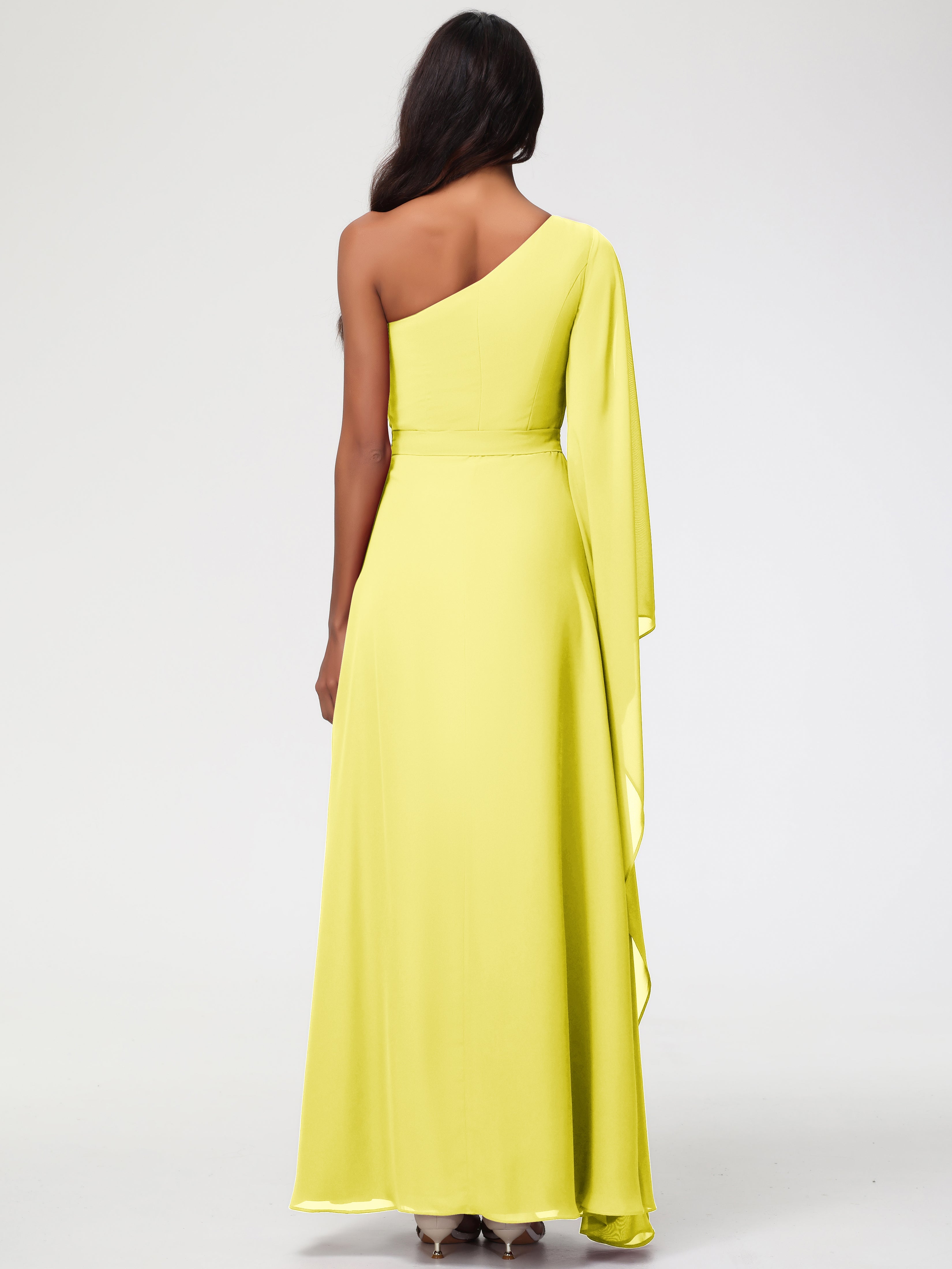 Robes De Demoiselle D'Honneur Jaune Citron Seule-Épaule Manches Asymétriques Mousseline Robe Demoiselle D'Honneur