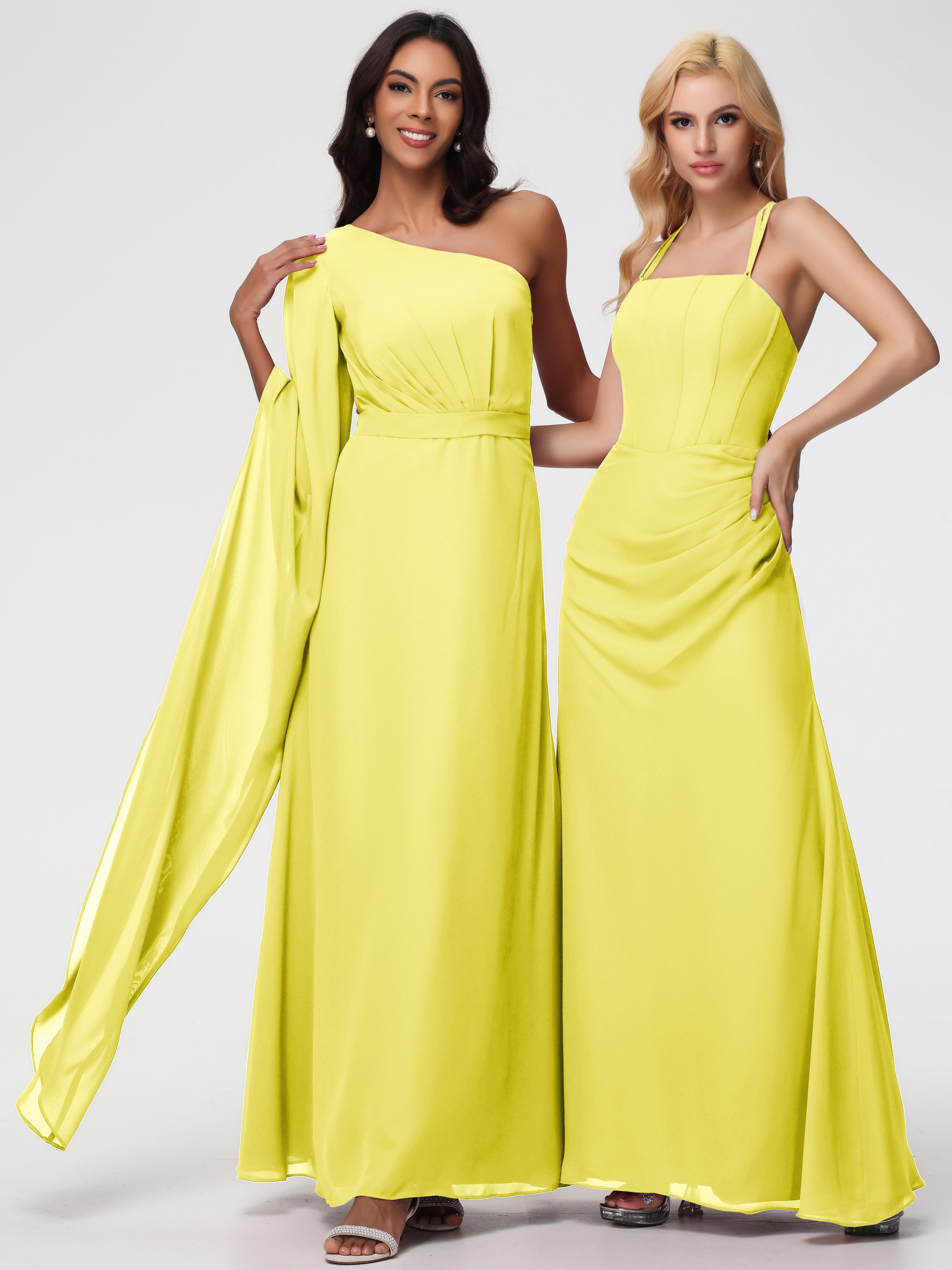 Robes De Demoiselle D'Honneur Jaune Citron Seule-Épaule Manches Asymétriques Mousseline Robe Demoiselle D'Honneur