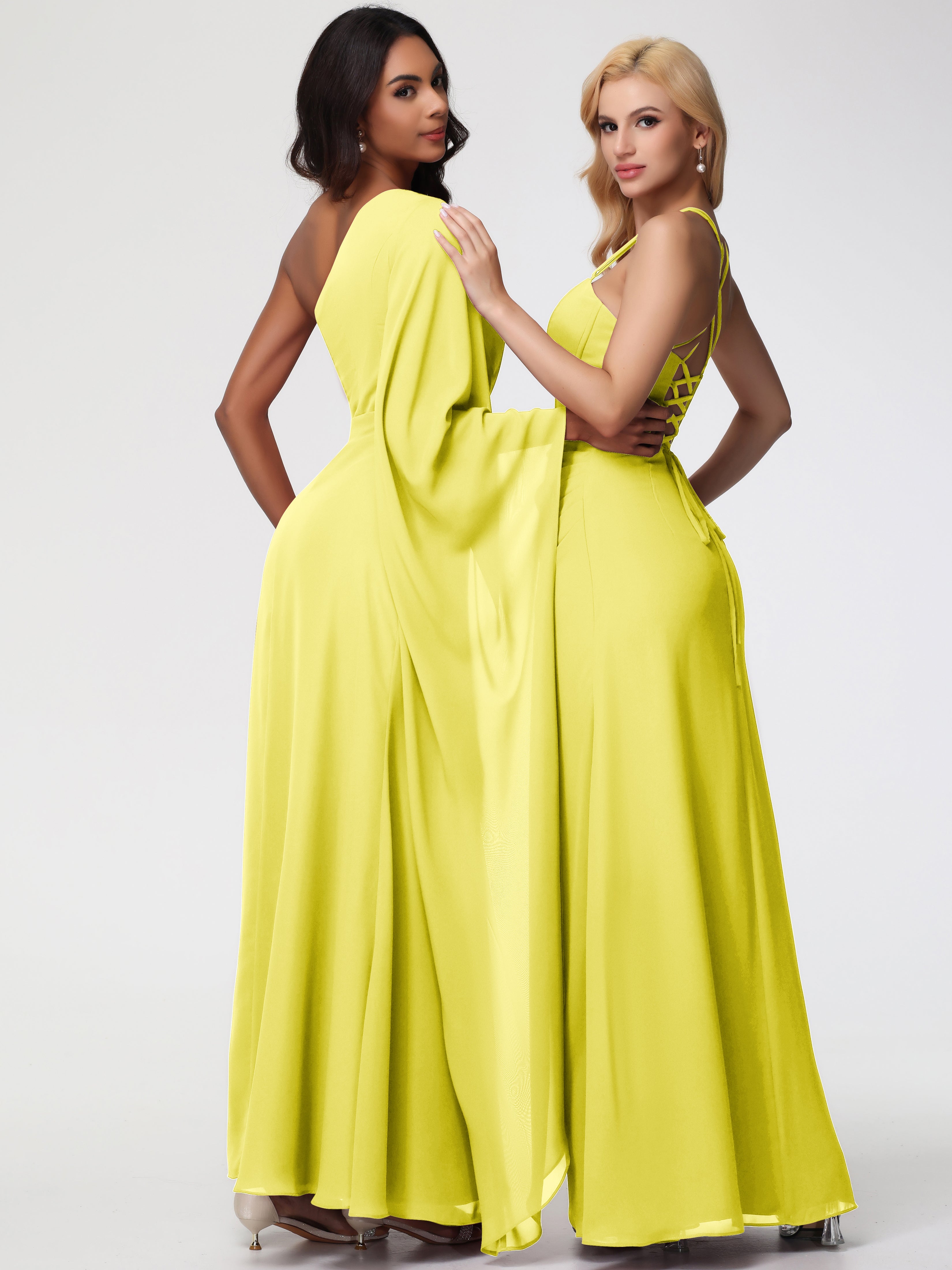 Robes De Demoiselle D'Honneur Jaune Citron Seule-Épaule Manches Asymétriques Mousseline Robe Demoiselle D'Honneur