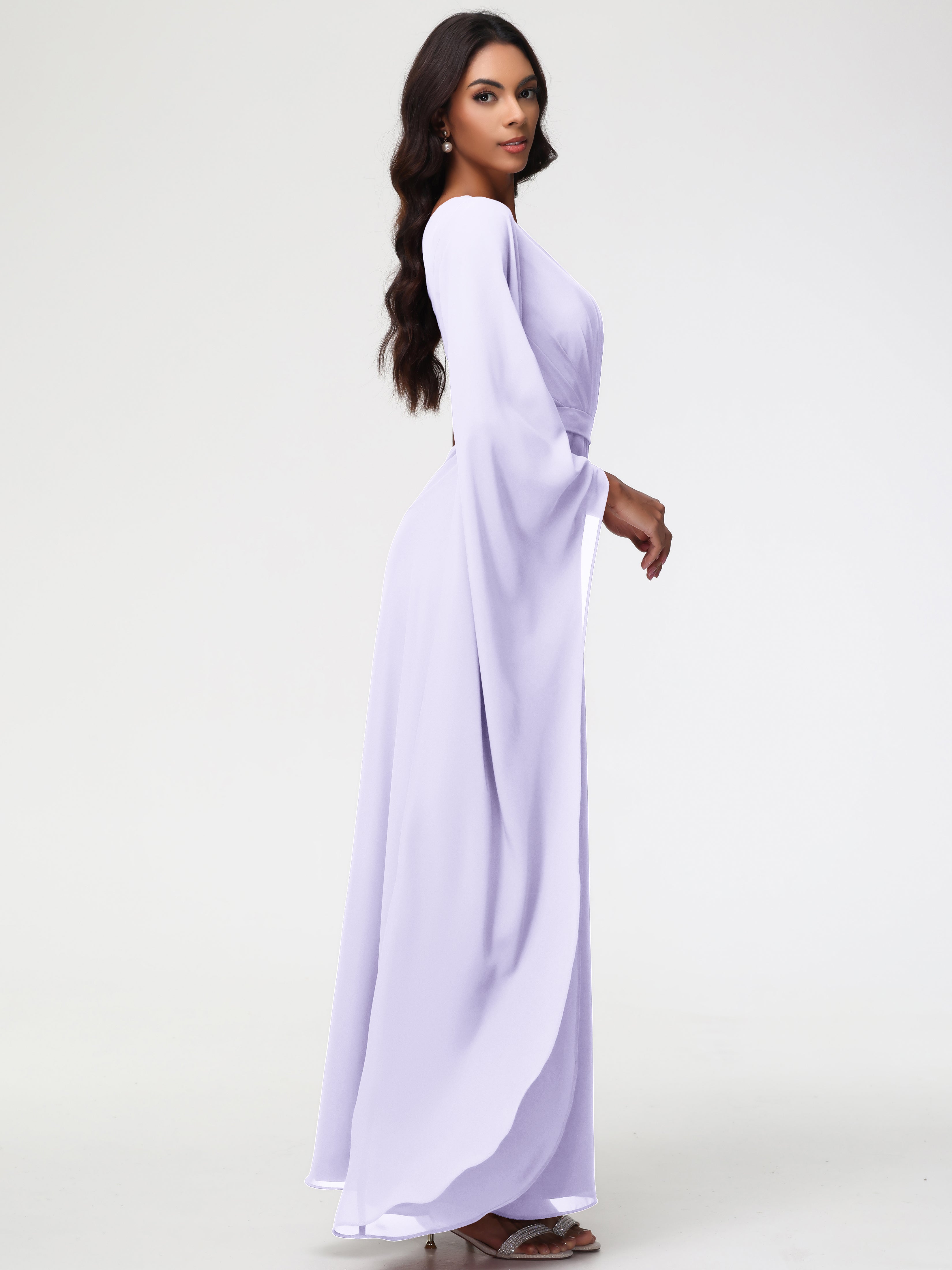 Robe Demoiselle D Honneur Couleur Lilas Seule-Épaule Manches Asymétriques Mousseline Robe Demoiselle D'Honneur