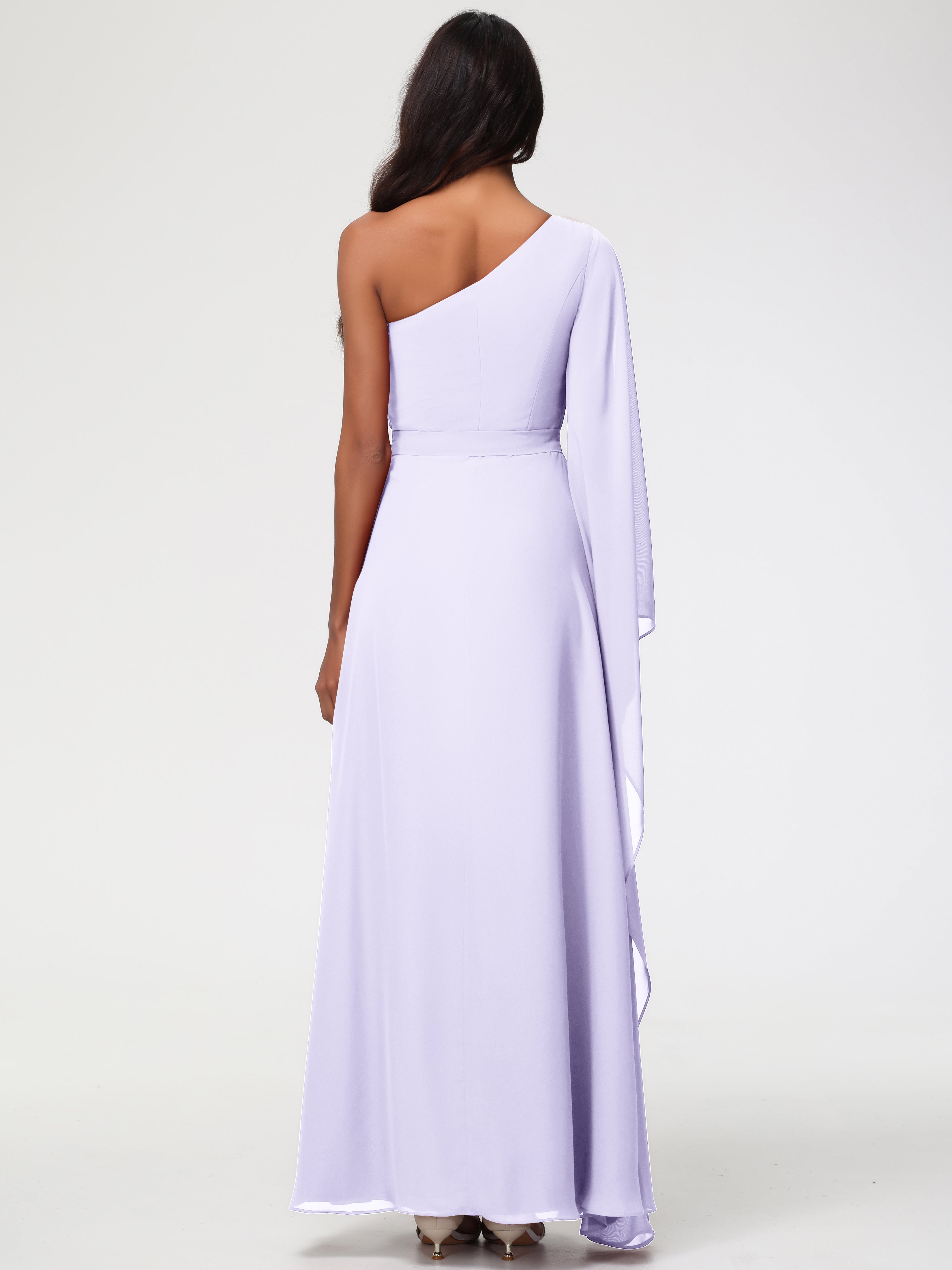 Robe Demoiselle D Honneur Couleur Lilas Seule-Épaule Manches Asymétriques Mousseline Robe Demoiselle D'Honneur