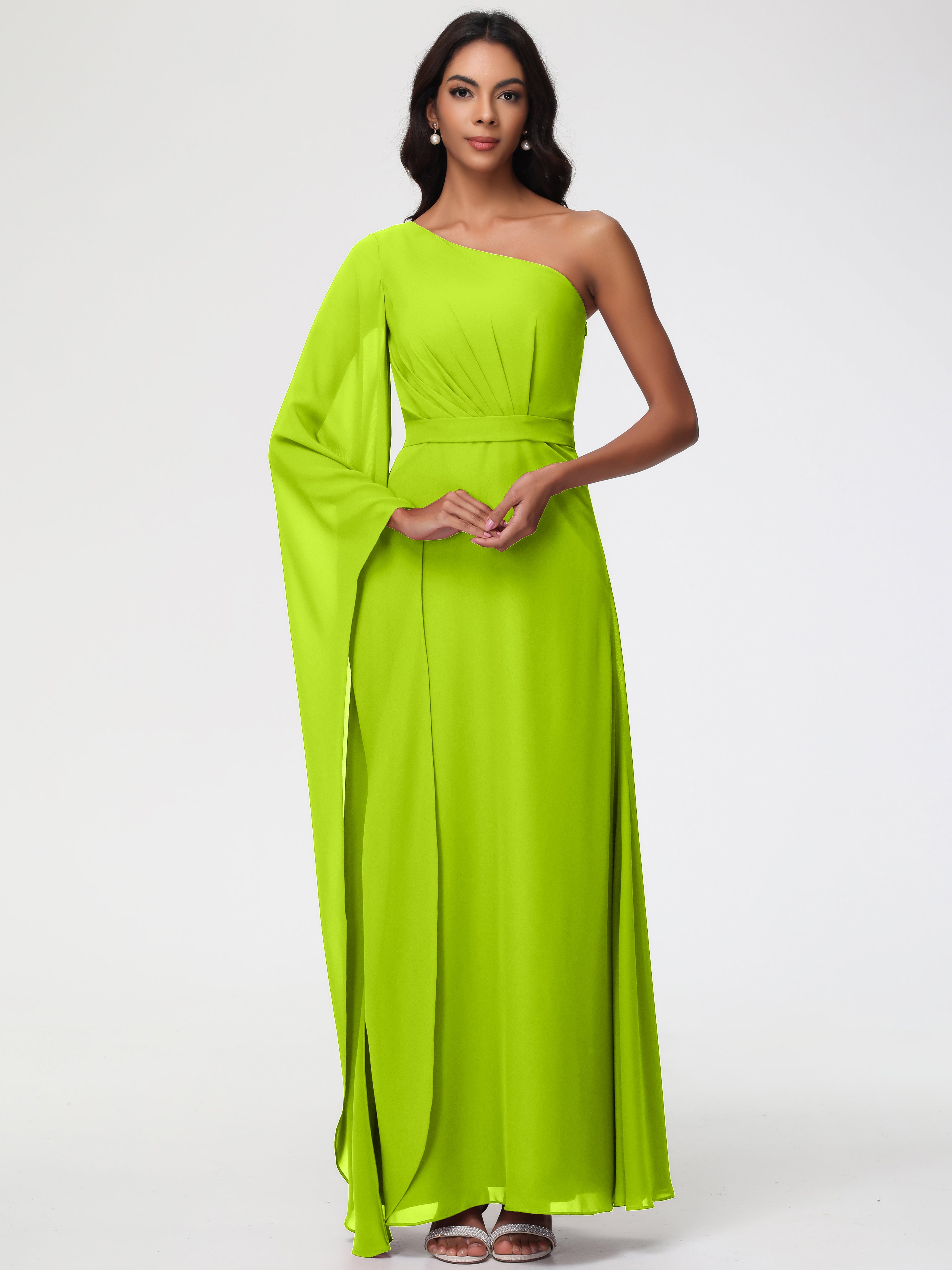 Robes De Demoiselle D'Honneur Vert Citron Seule-Épaule Manches Asymétriques Mousseline Robe Demoiselle D'Honneur