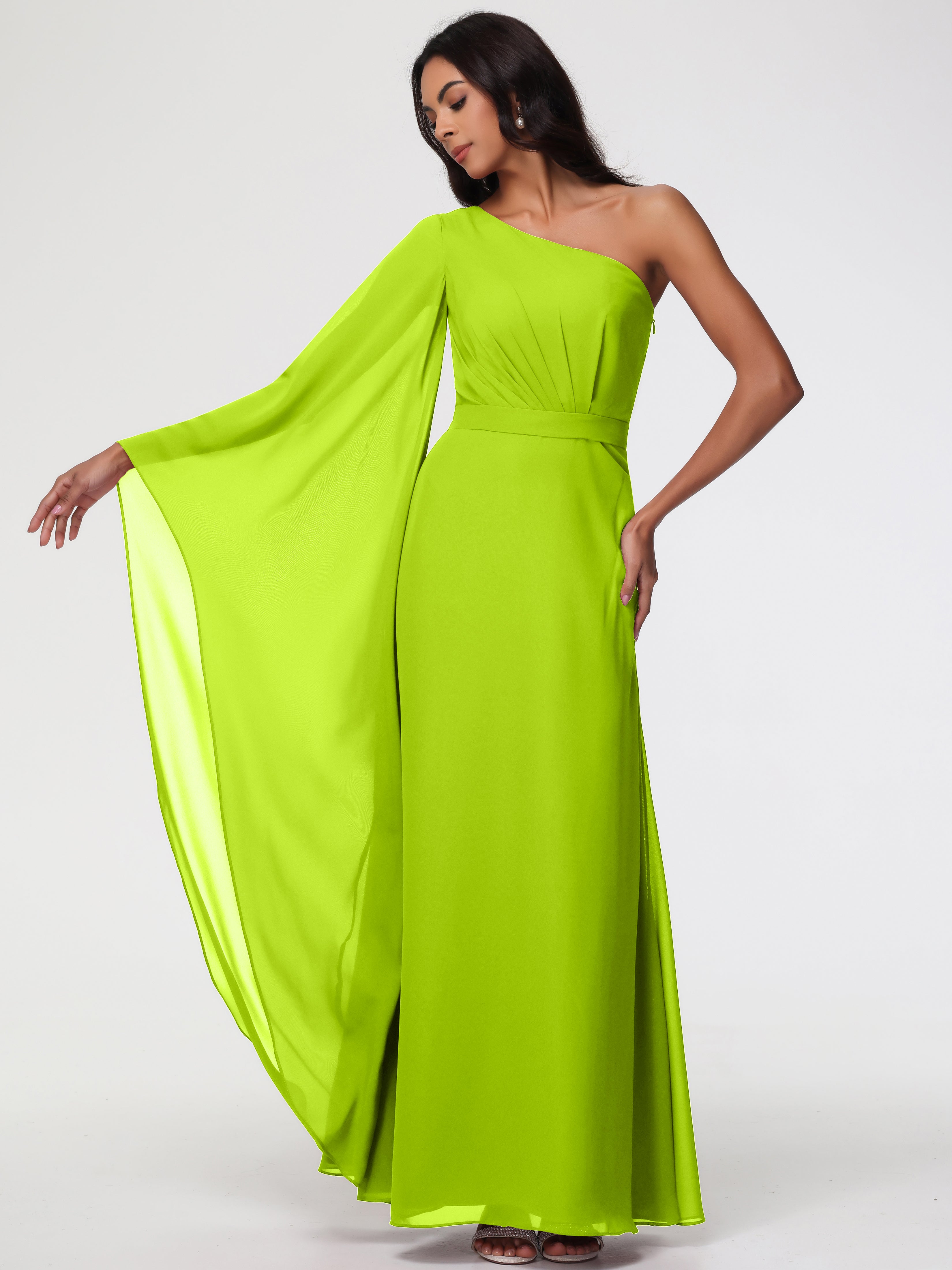 Robes De Demoiselle D'Honneur Vert Citron Seule-Épaule Manches Asymétriques Mousseline Robe Demoiselle D'Honneur