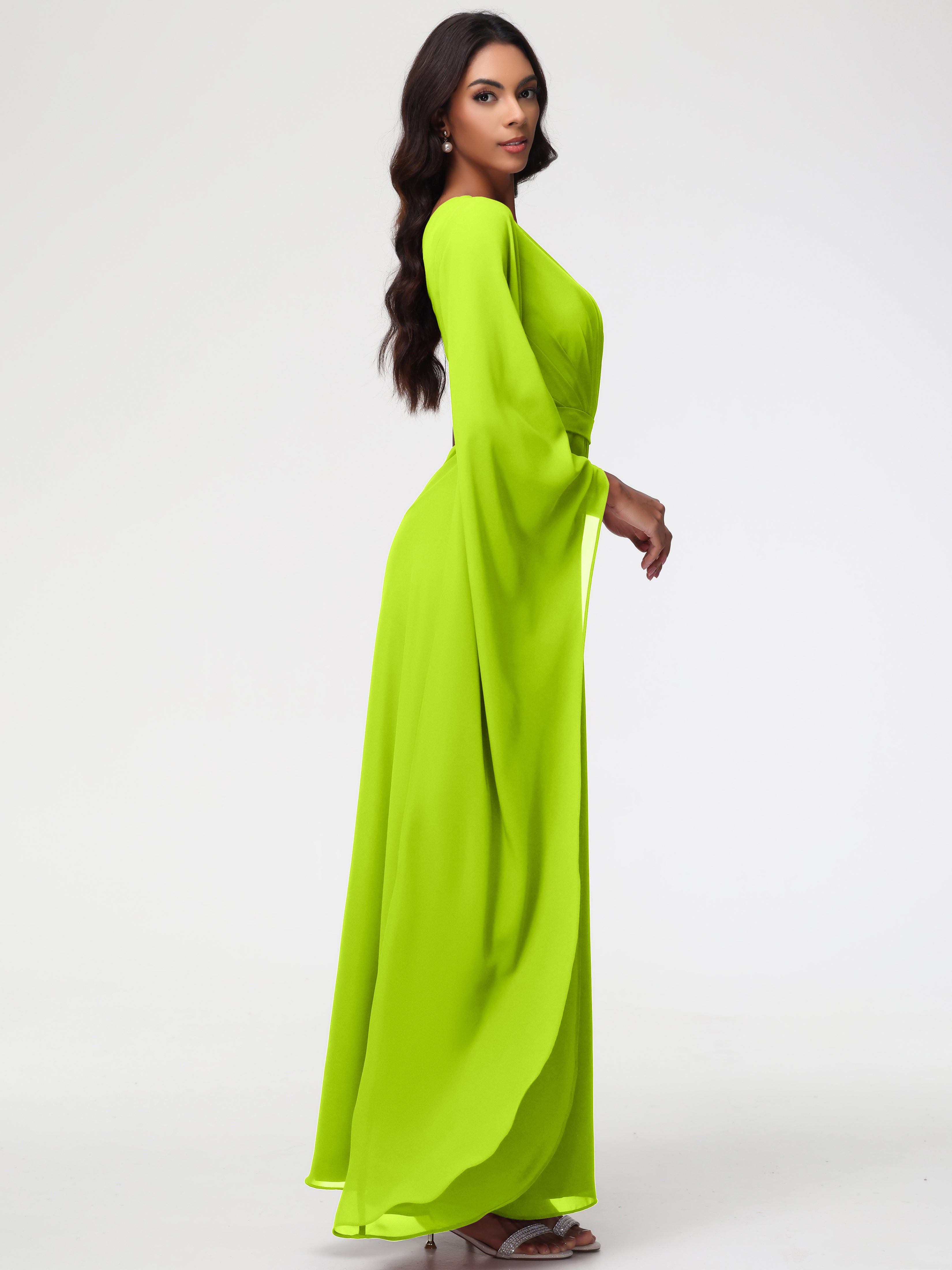 Robes De Demoiselle D'Honneur Vert Citron Seule-Épaule Manches Asymétriques Mousseline Robe Demoiselle D'Honneur
