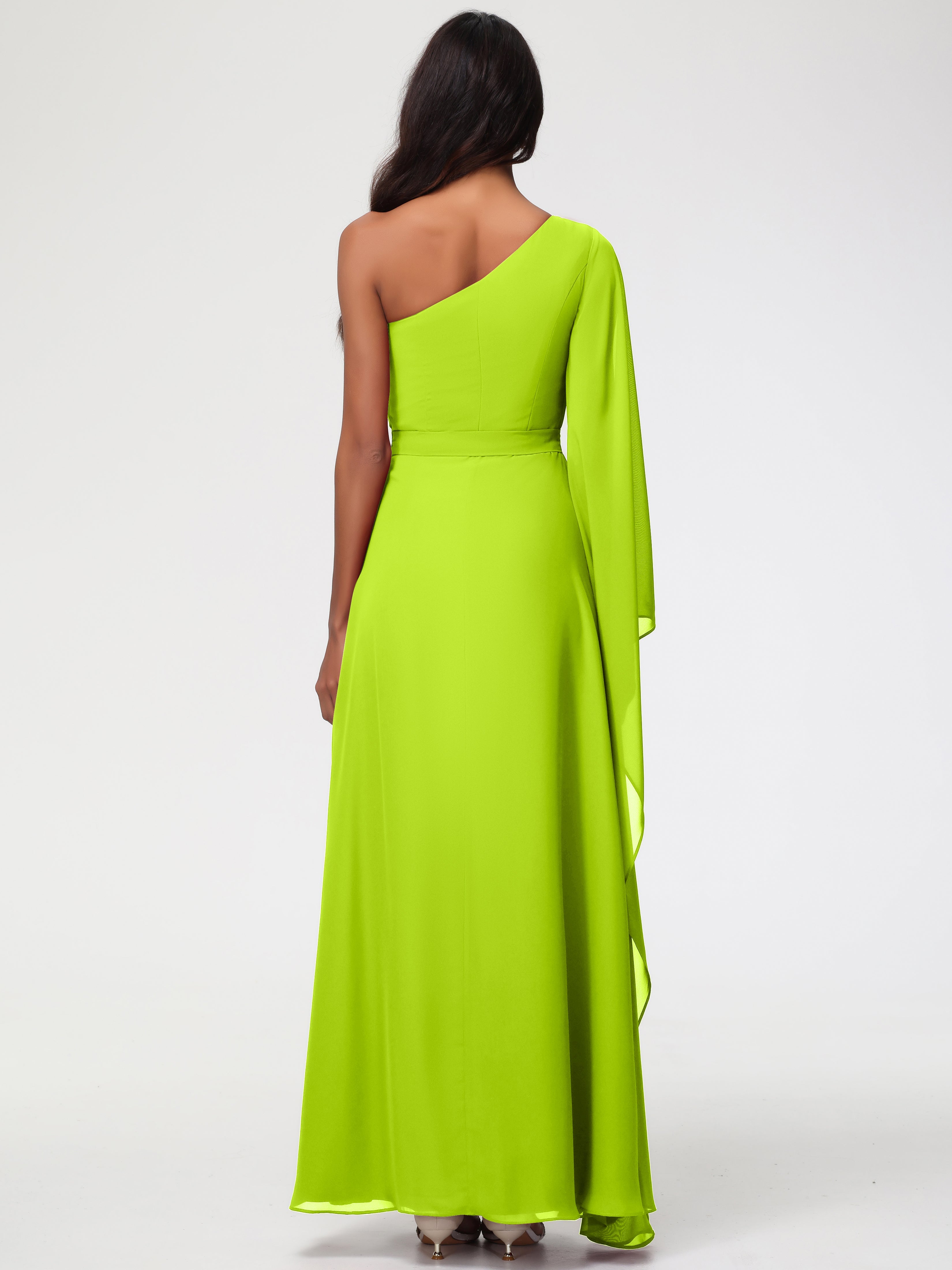 Robes De Demoiselle D'Honneur Vert Citron Seule-Épaule Manches Asymétriques Mousseline Robe Demoiselle D'Honneur