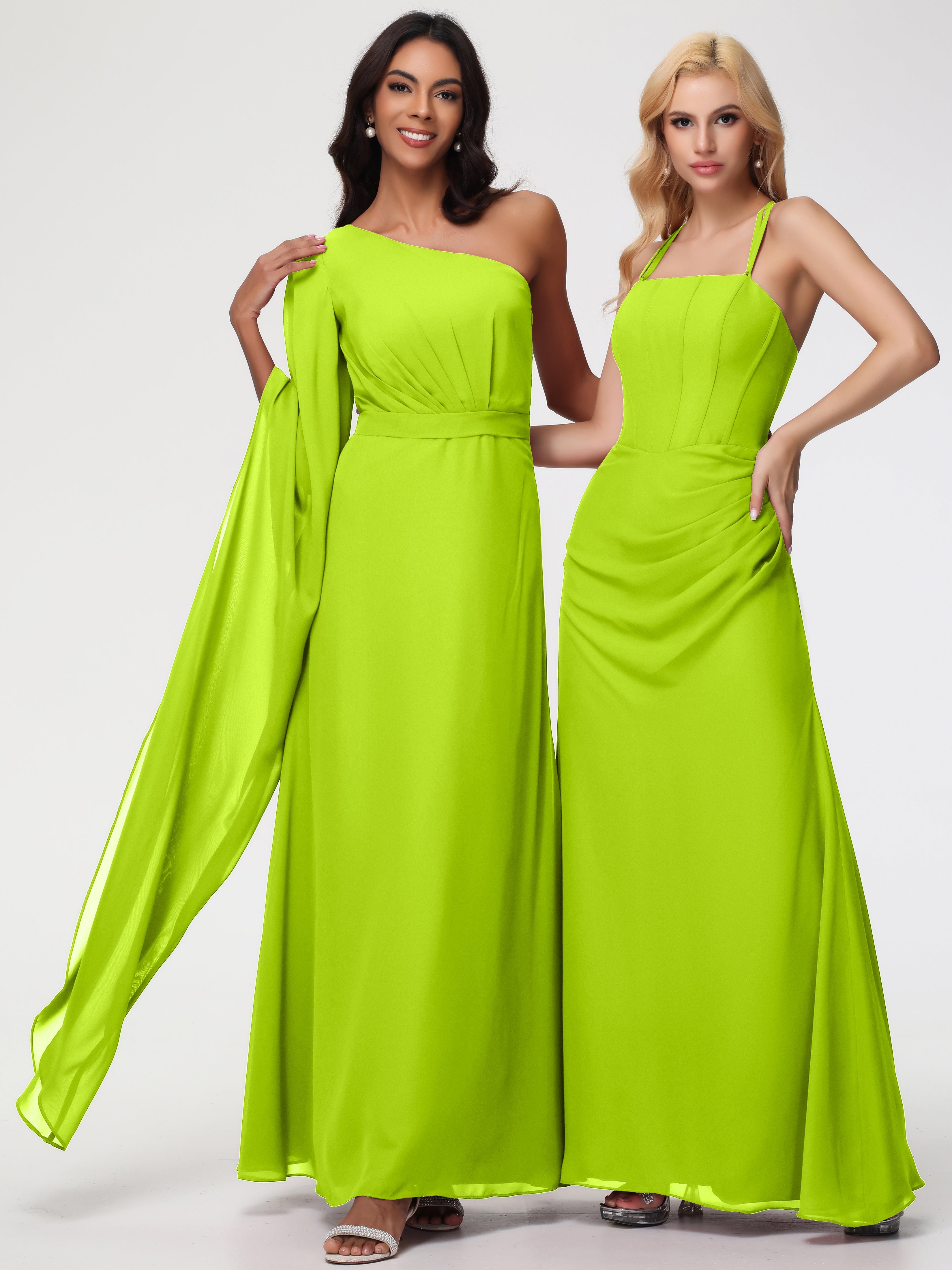 Robes De Demoiselle D'Honneur Vert Citron Seule-Épaule Manches Asymétriques Mousseline Robe Demoiselle D'Honneur
