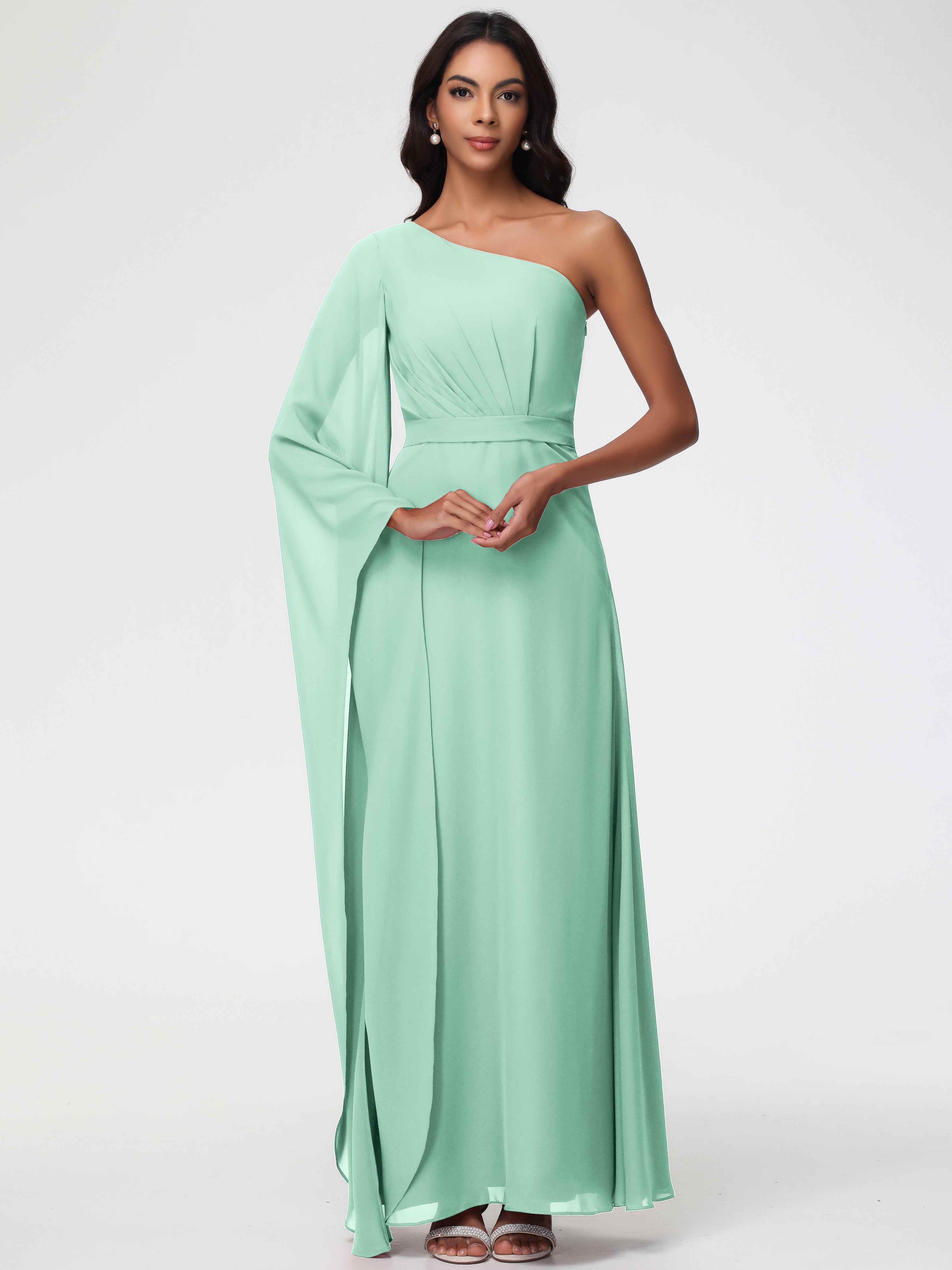 Robes De Demoiselle D'Honneur Vert Menthe Seule-Épaule Manches Asymétriques Mousseline Robe Demoiselle D'Honneur