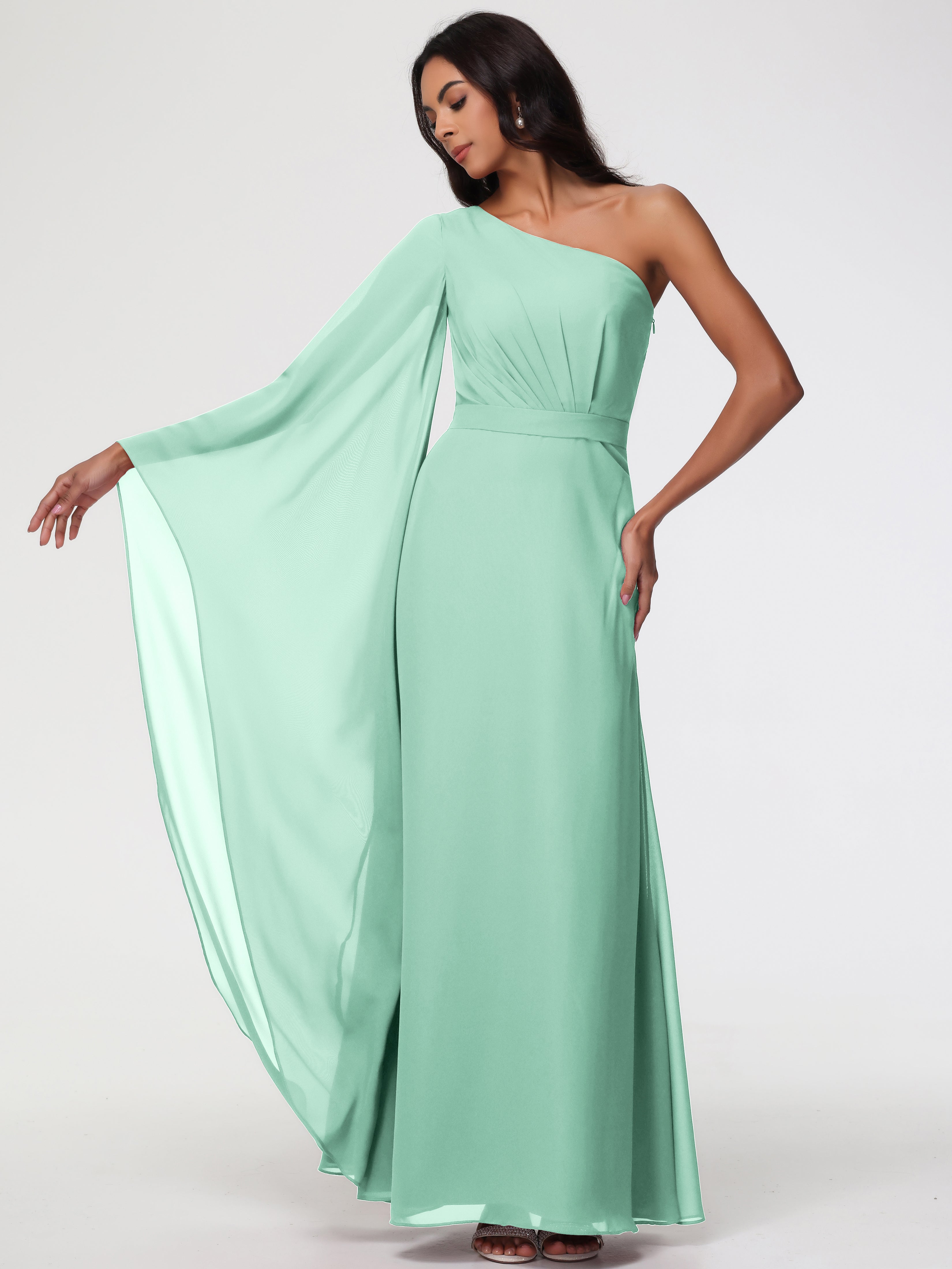 Robes De Demoiselle D'Honneur Vert Menthe Seule-Épaule Manches Asymétriques Mousseline Robe Demoiselle D'Honneur