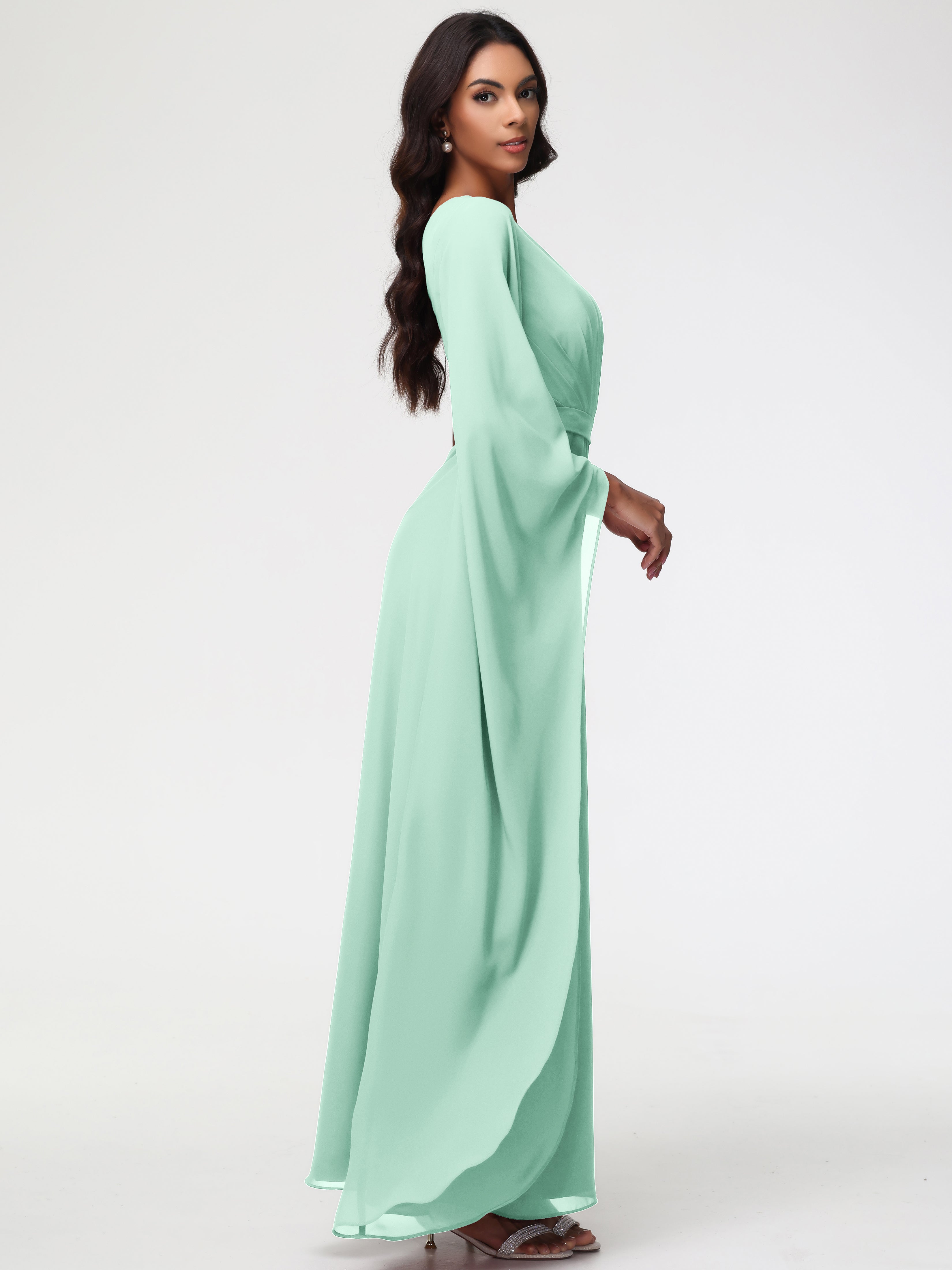Robes De Demoiselle D'Honneur Vert Menthe Seule-Épaule Manches Asymétriques Mousseline Robe Demoiselle D'Honneur
