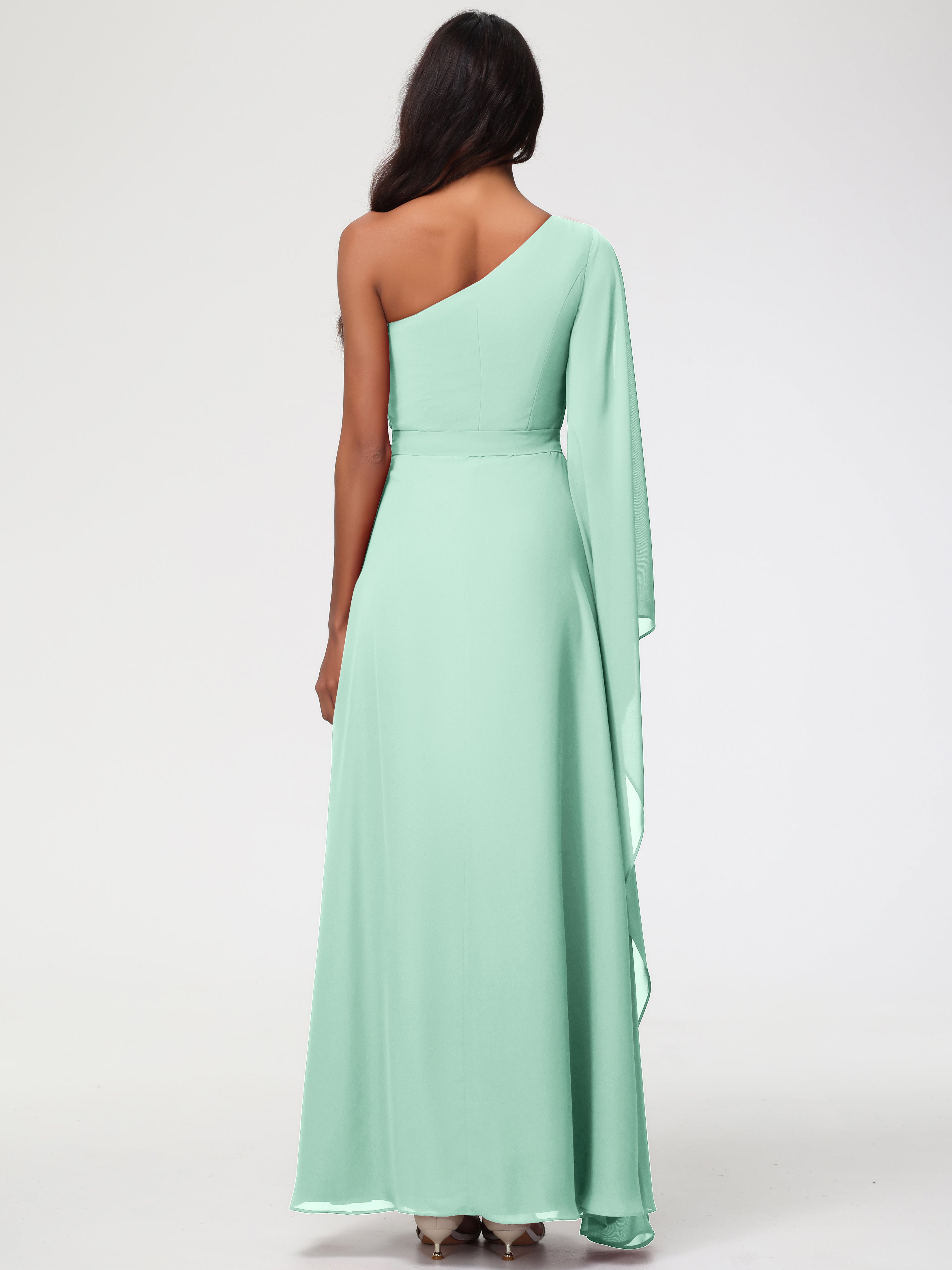 Robes De Demoiselle D'Honneur Vert Menthe Seule-Épaule Manches Asymétriques Mousseline Robe Demoiselle D'Honneur