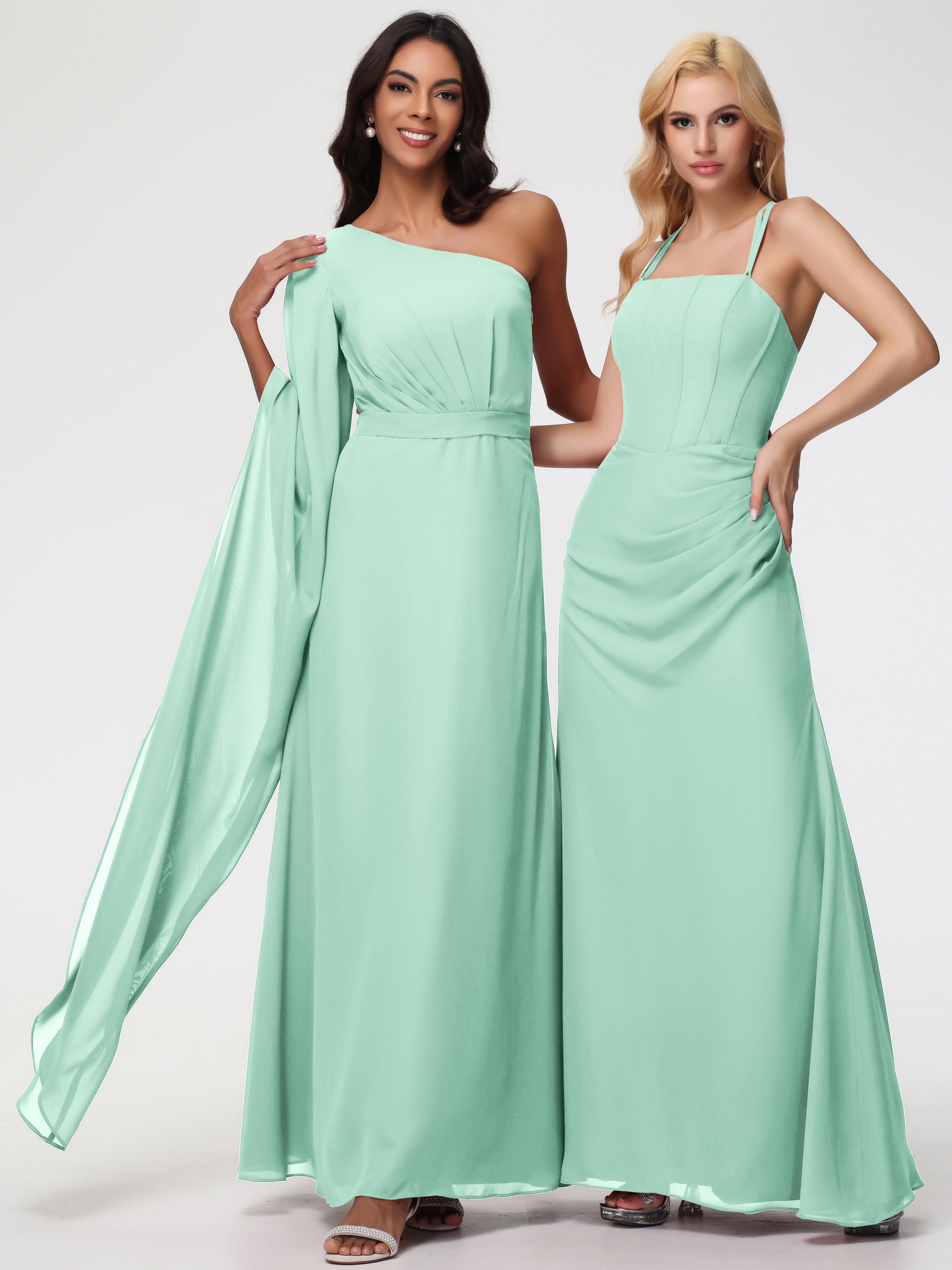 Robes De Demoiselle D'Honneur Vert Menthe Seule-Épaule Manches Asymétriques Mousseline Robe Demoiselle D'Honneur