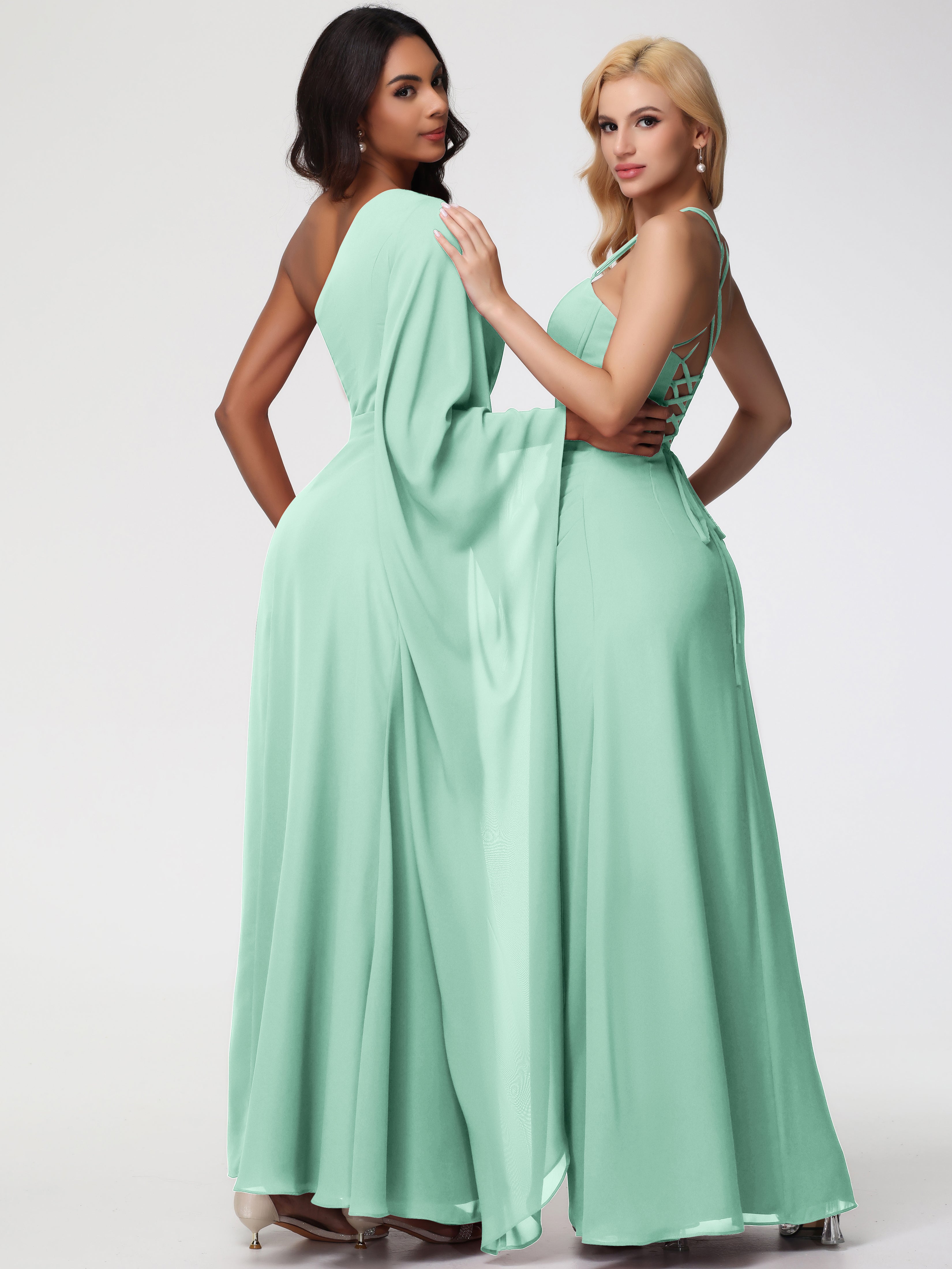 Robes De Demoiselle D'Honneur Vert Menthe Seule-Épaule Manches Asymétriques Mousseline Robe Demoiselle D'Honneur