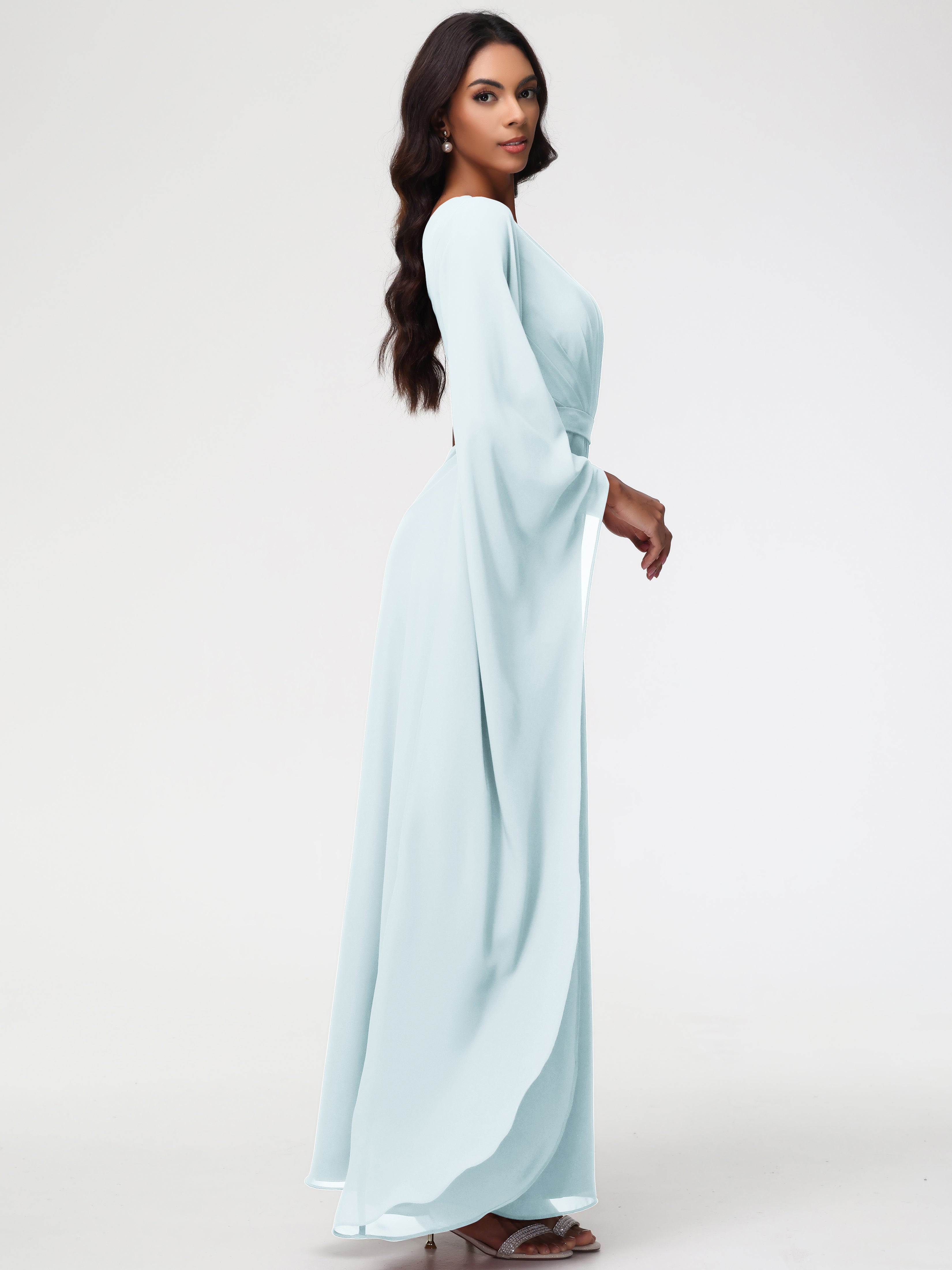 Robe De Demoiselle D'Honneur Brume Seule-Épaule Manches Asymétriques Mousseline Robe Demoiselle D'Honneur