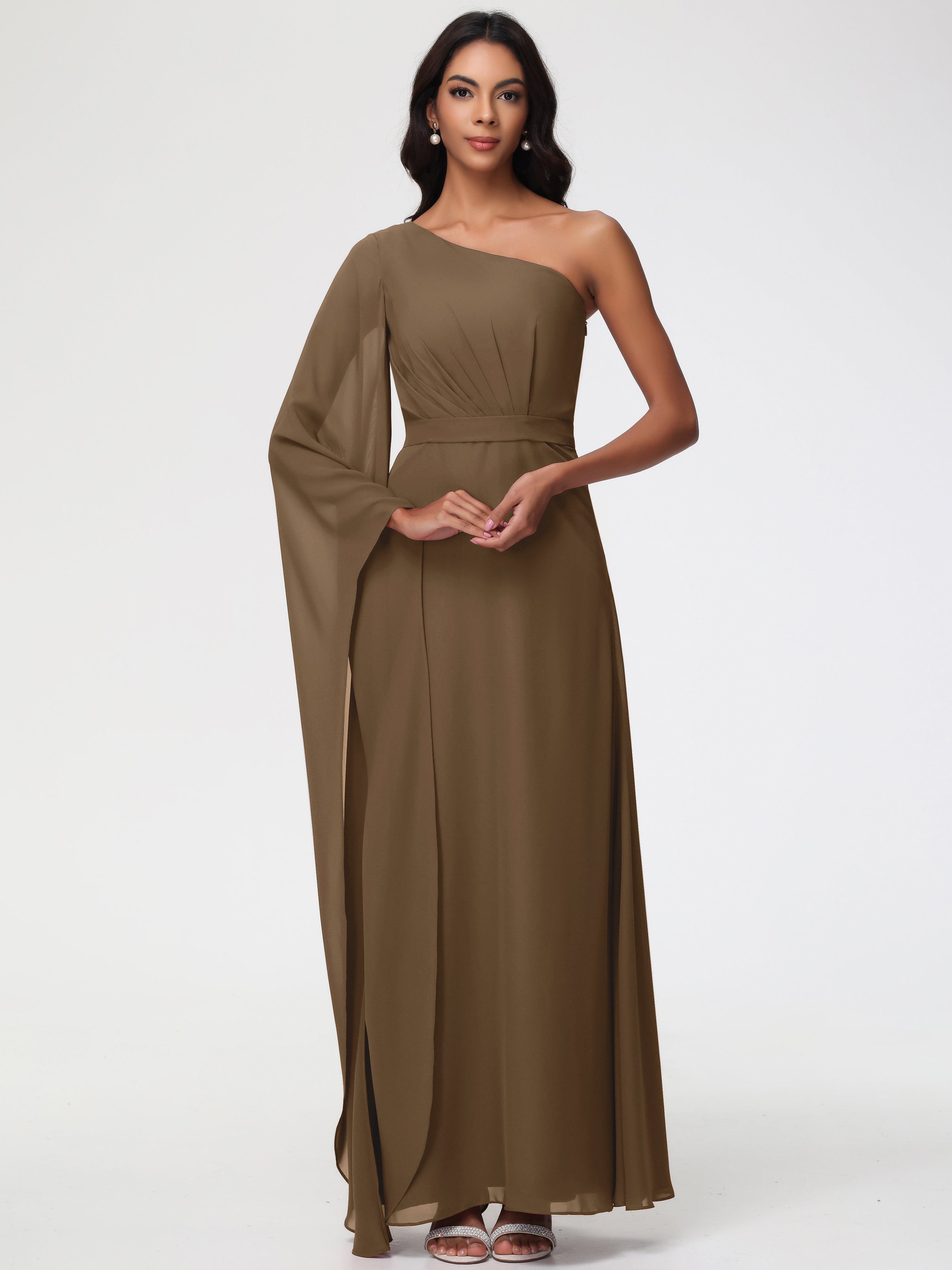 Robe Demoiselle D Honneur Moka Seule-Épaule Manches Asymétriques Mousseline Robe Demoiselle D'Honneur