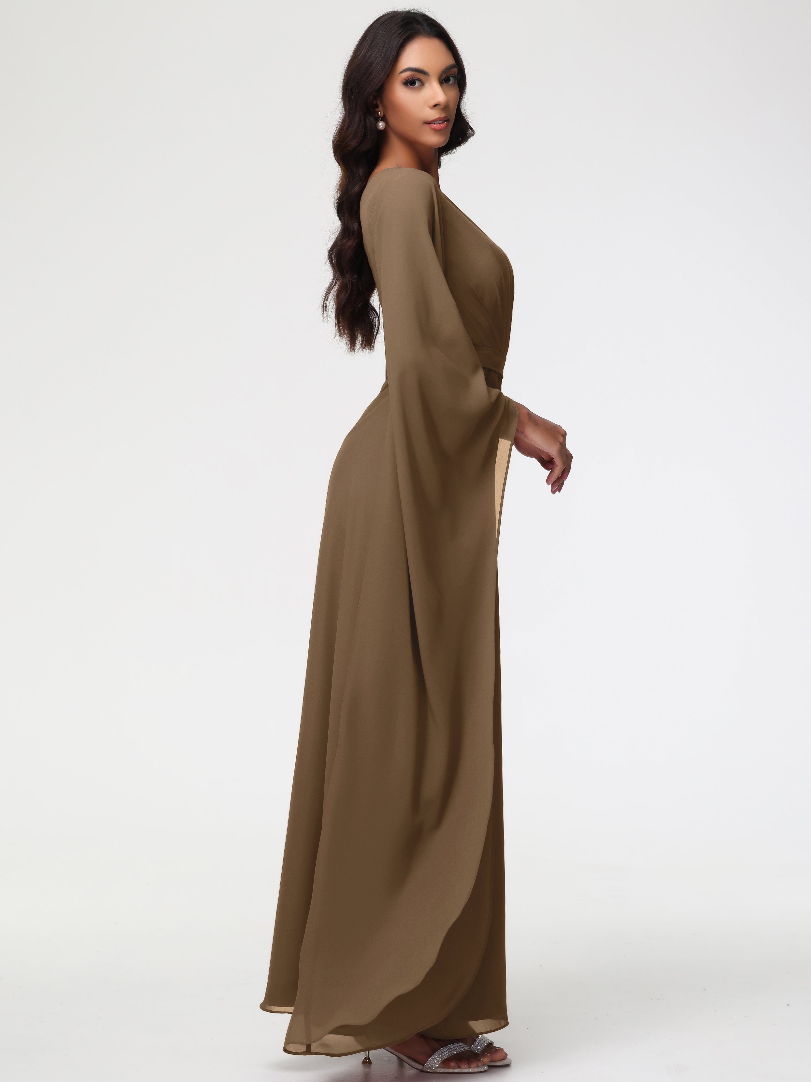 Robe Demoiselle D Honneur Moka Seule-Épaule Manches Asymétriques Mousseline Robe Demoiselle D'Honneur