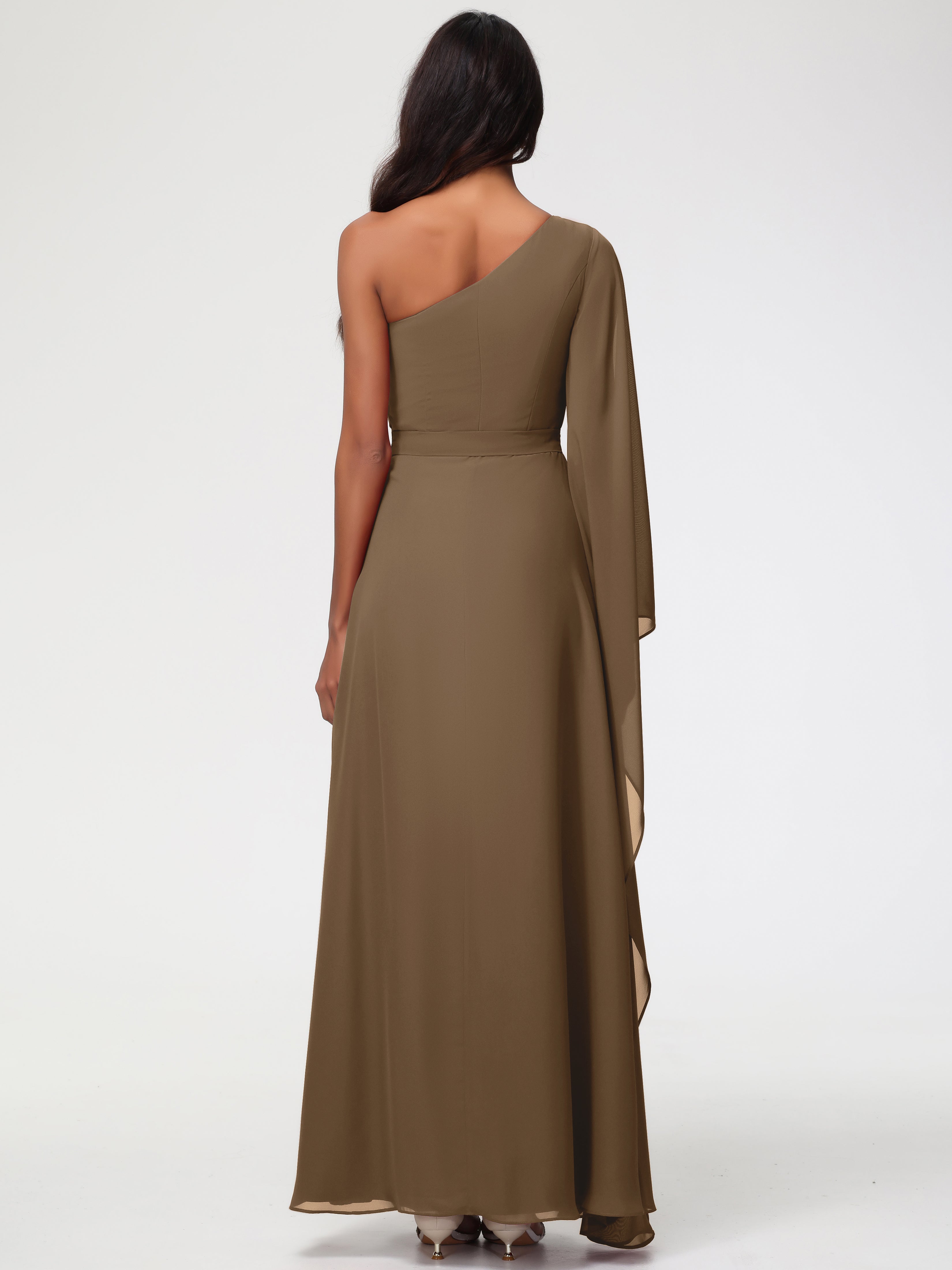 Robe Demoiselle D Honneur Moka Seule-Épaule Manches Asymétriques Mousseline Robe Demoiselle D'Honneur