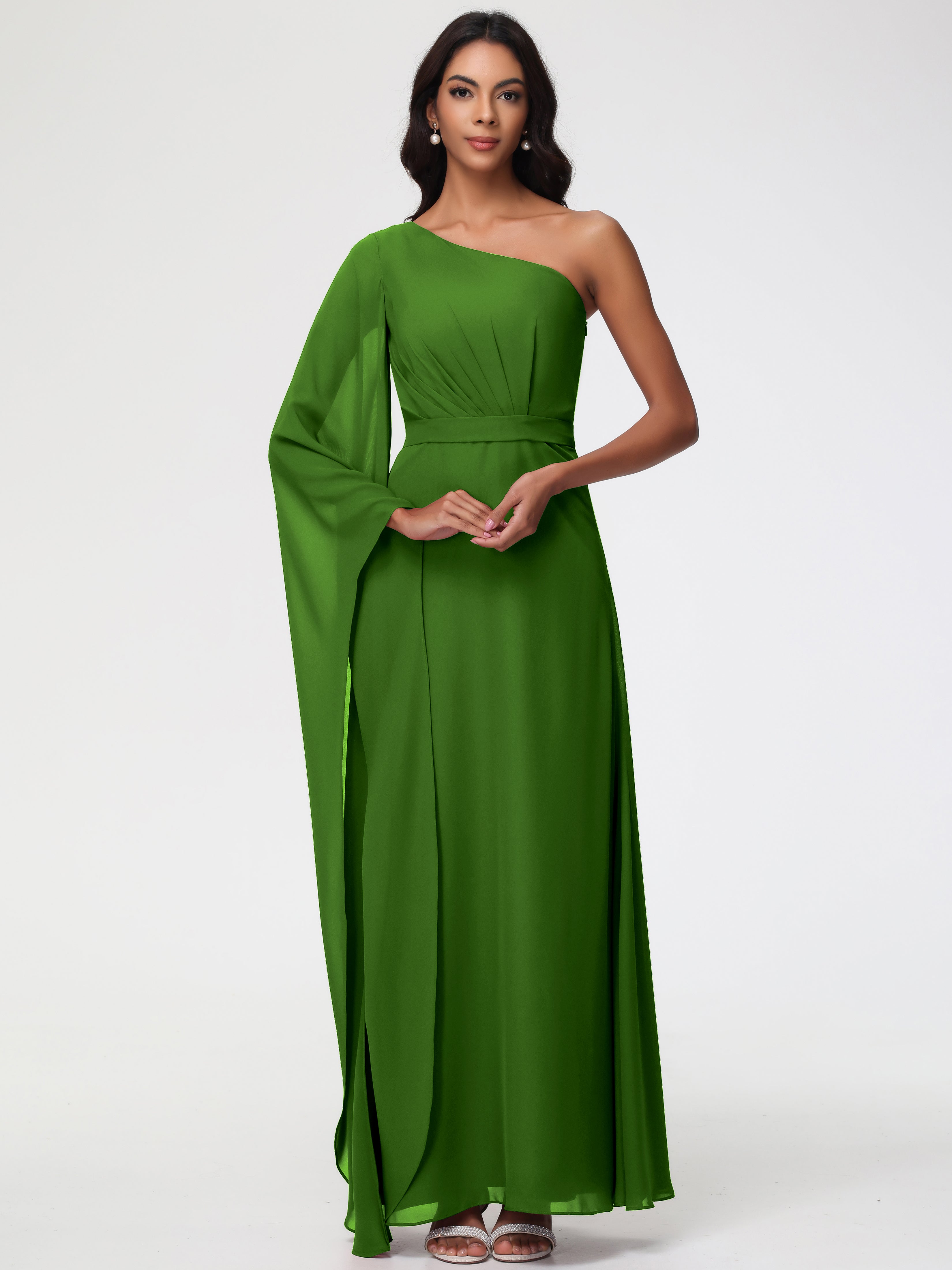 Robes De Demoiselle D'Honneur Vert Mousse Seule-Épaule Manches Asymétriques Mousseline Robe Demoiselle D'Honneur