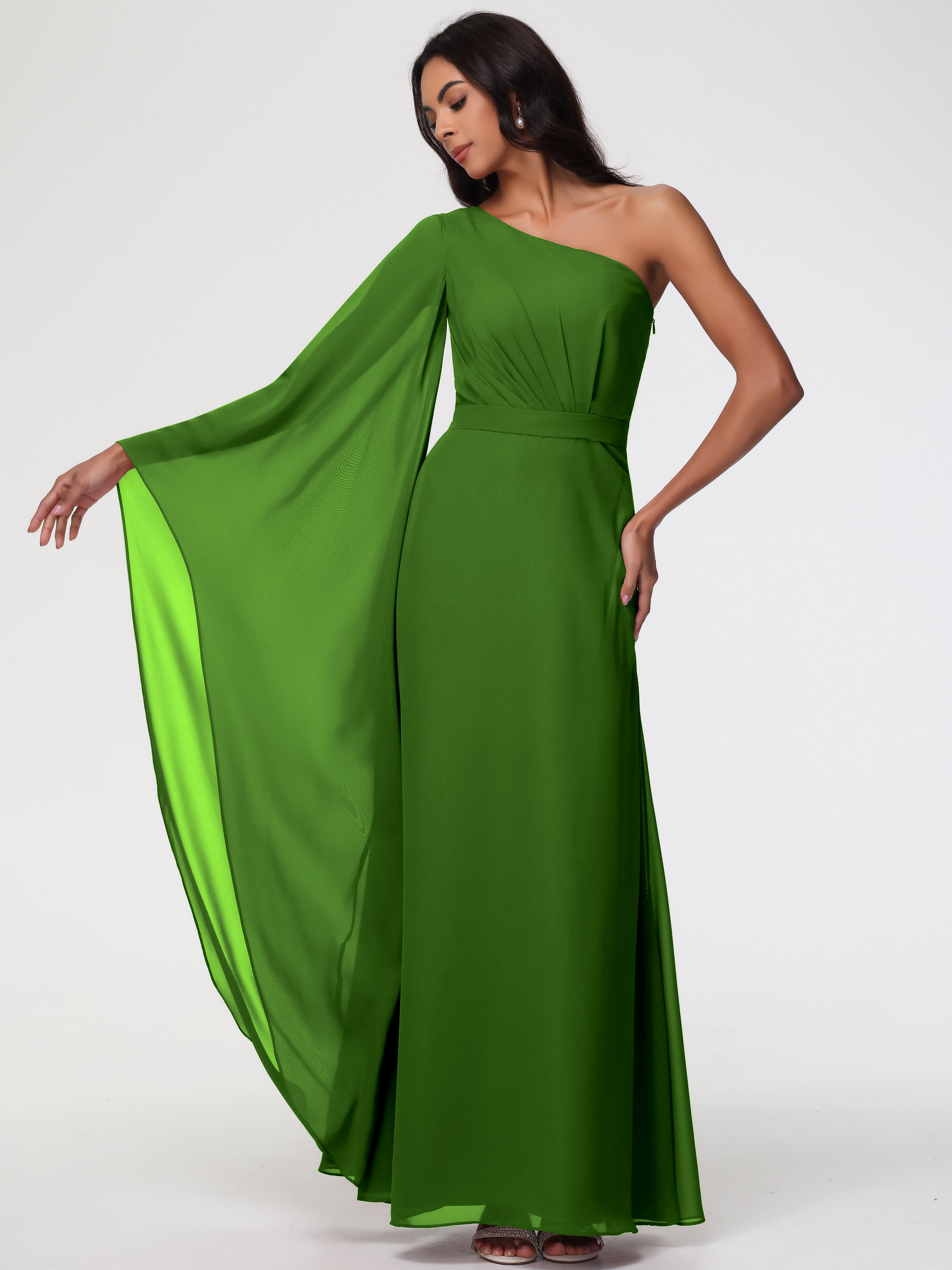 Robes De Demoiselle D'Honneur Vert Mousse Seule-Épaule Manches Asymétriques Mousseline Robe Demoiselle D'Honneur