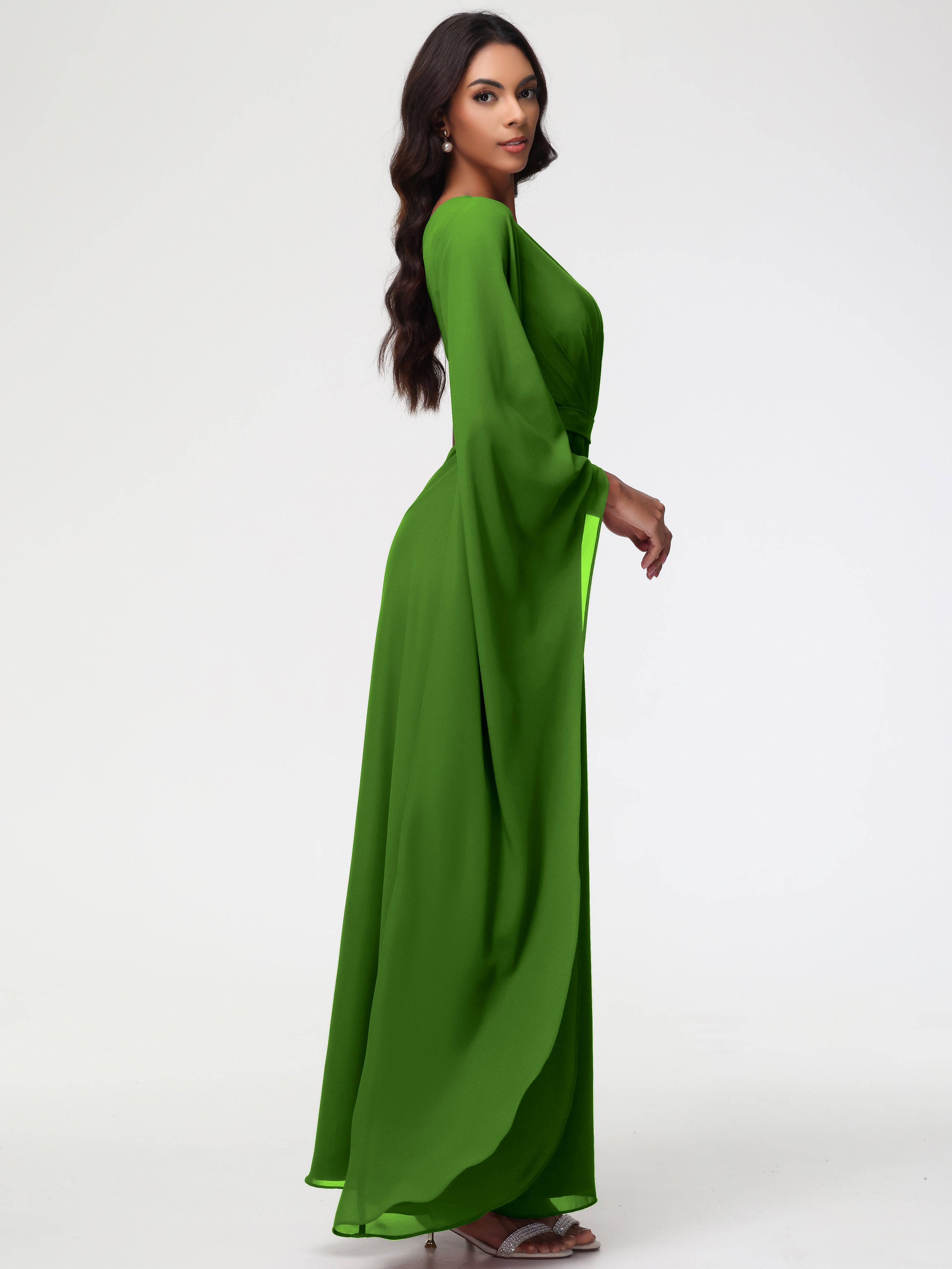 Robes De Demoiselle D'Honneur Vert Mousse Seule-Épaule Manches Asymétriques Mousseline Robe Demoiselle D'Honneur
