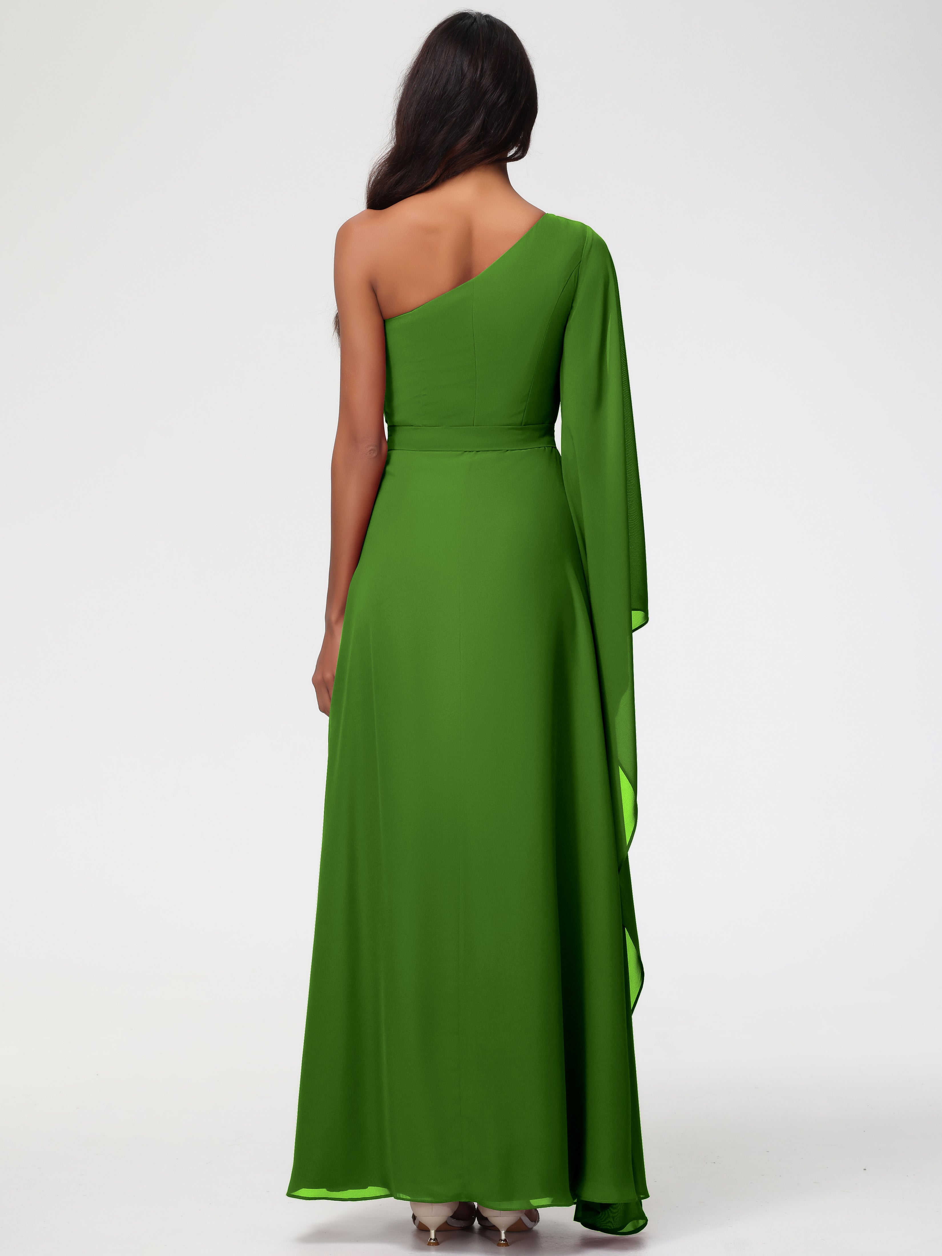 Robes De Demoiselle D'Honneur Vert Mousse Seule-Épaule Manches Asymétriques Mousseline Robe Demoiselle D'Honneur