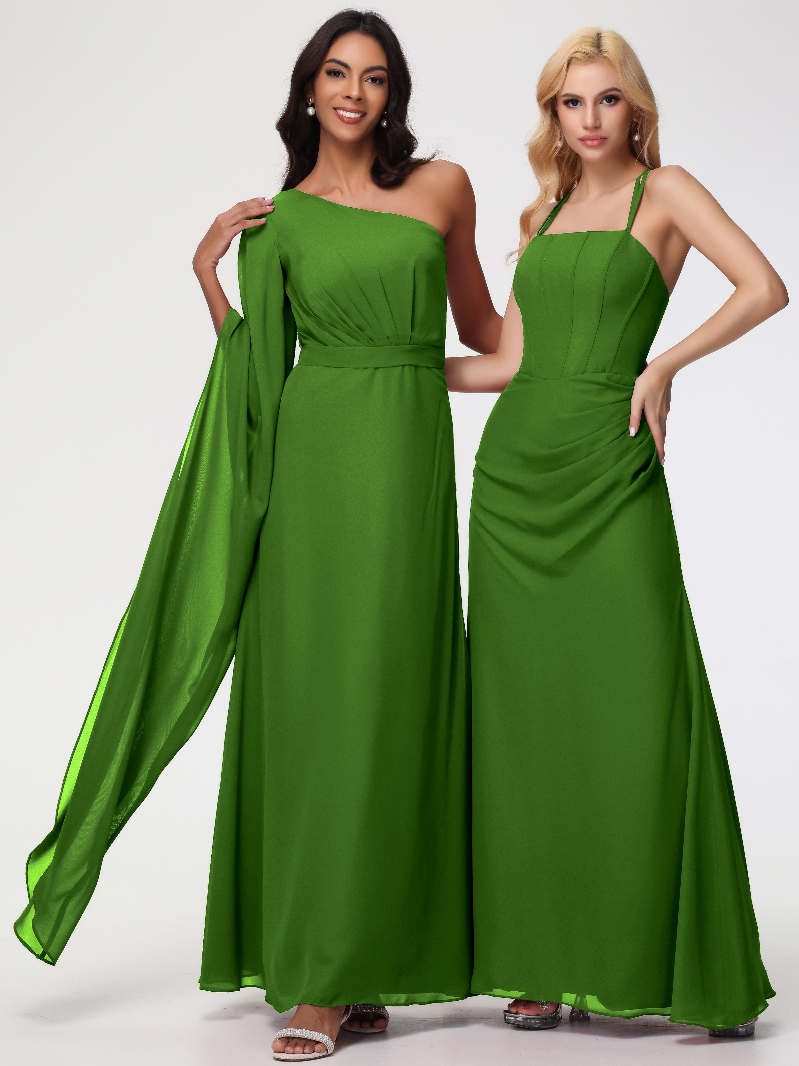 Robes De Demoiselle D'Honneur Vert Mousse Seule-Épaule Manches Asymétriques Mousseline Robe Demoiselle D'Honneur
