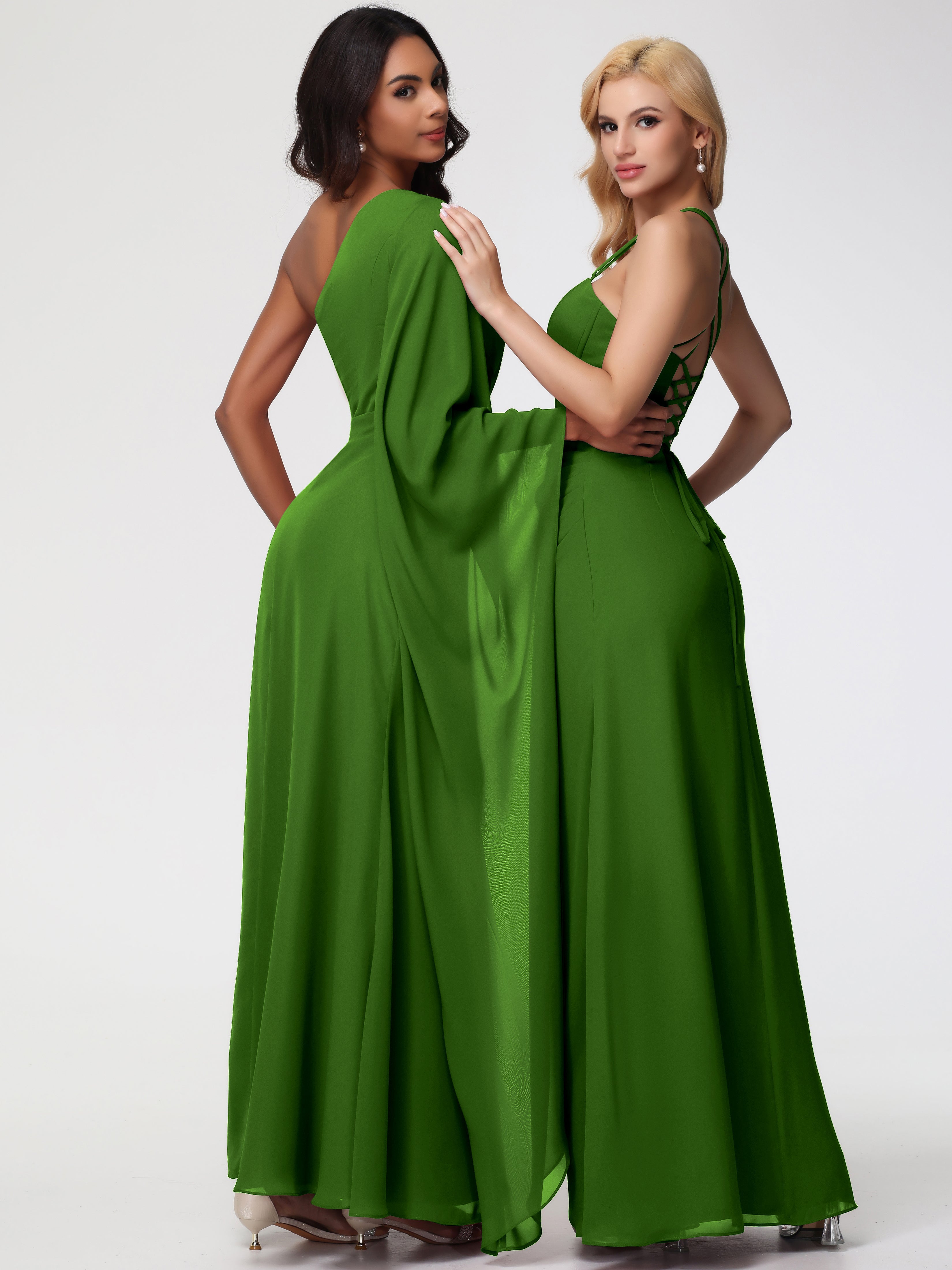 Robes De Demoiselle D'Honneur Vert Mousse Seule-Épaule Manches Asymétriques Mousseline Robe Demoiselle D'Honneur