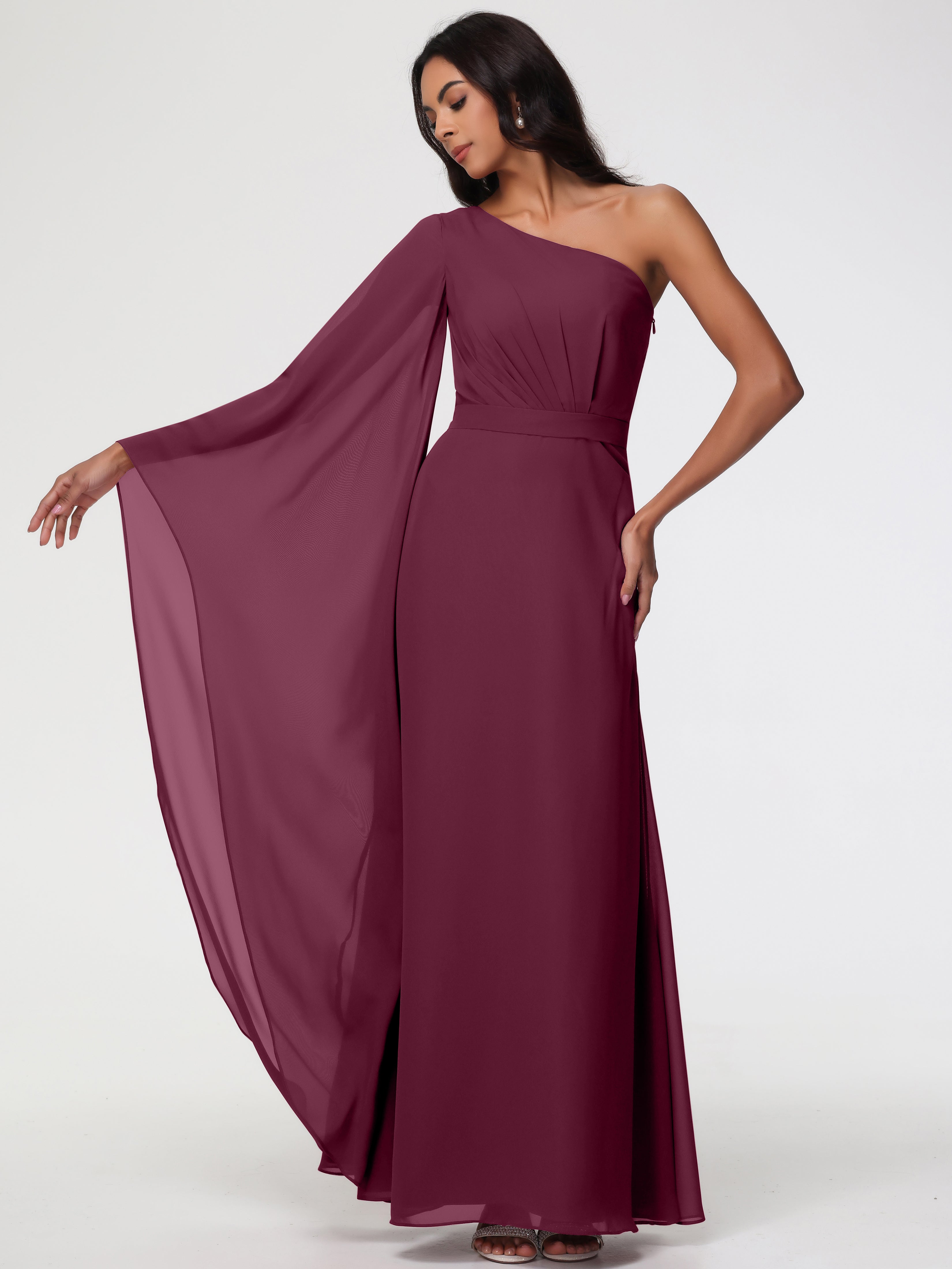 Robes De Demoiselle D'Honneur Mure Seule-Épaule Manches Asymétriques Mousseline Robe Demoiselle D'Honneur