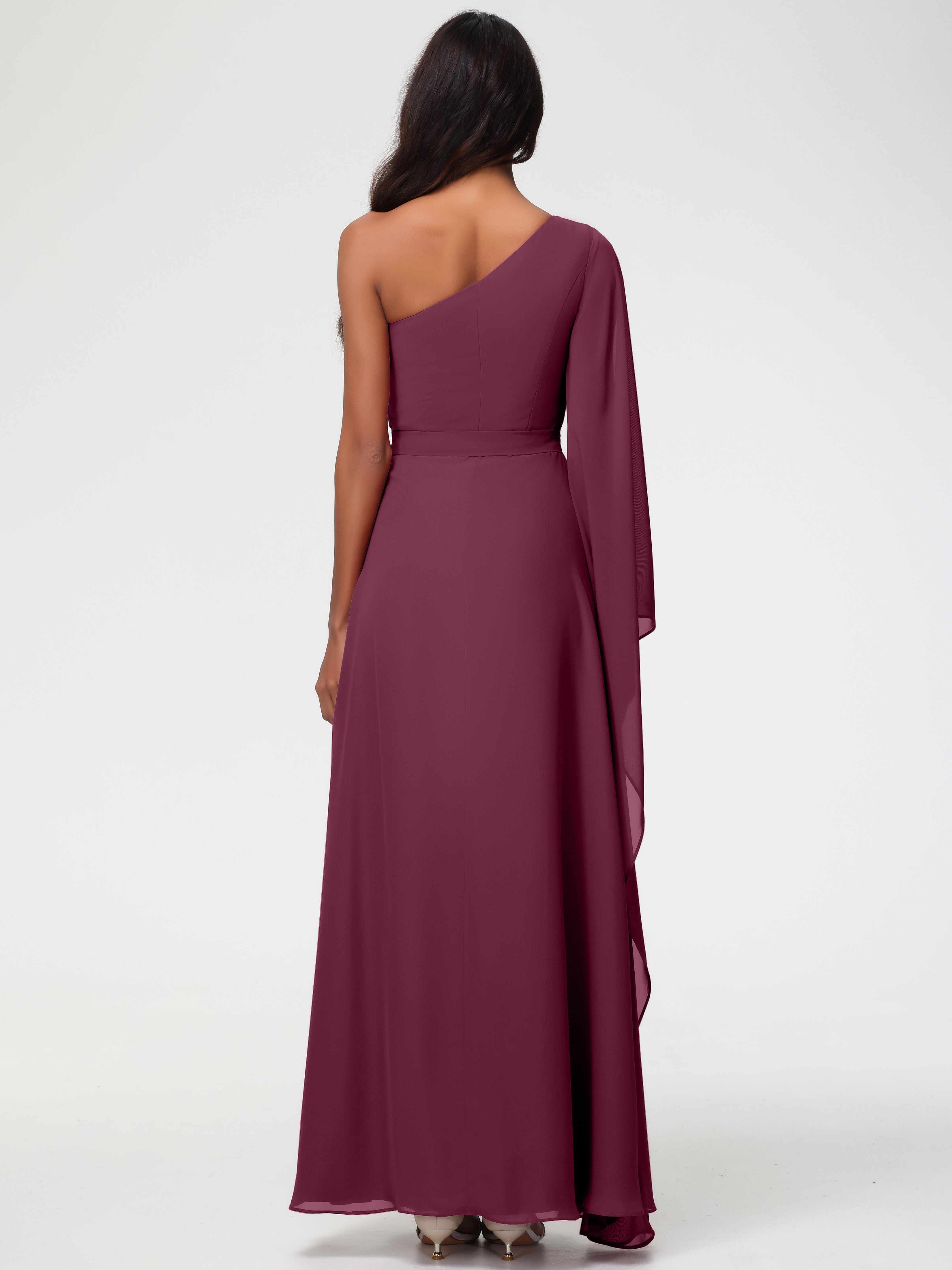 Robes De Demoiselle D'Honneur Mure Seule-Épaule Manches Asymétriques Mousseline Robe Demoiselle D'Honneur