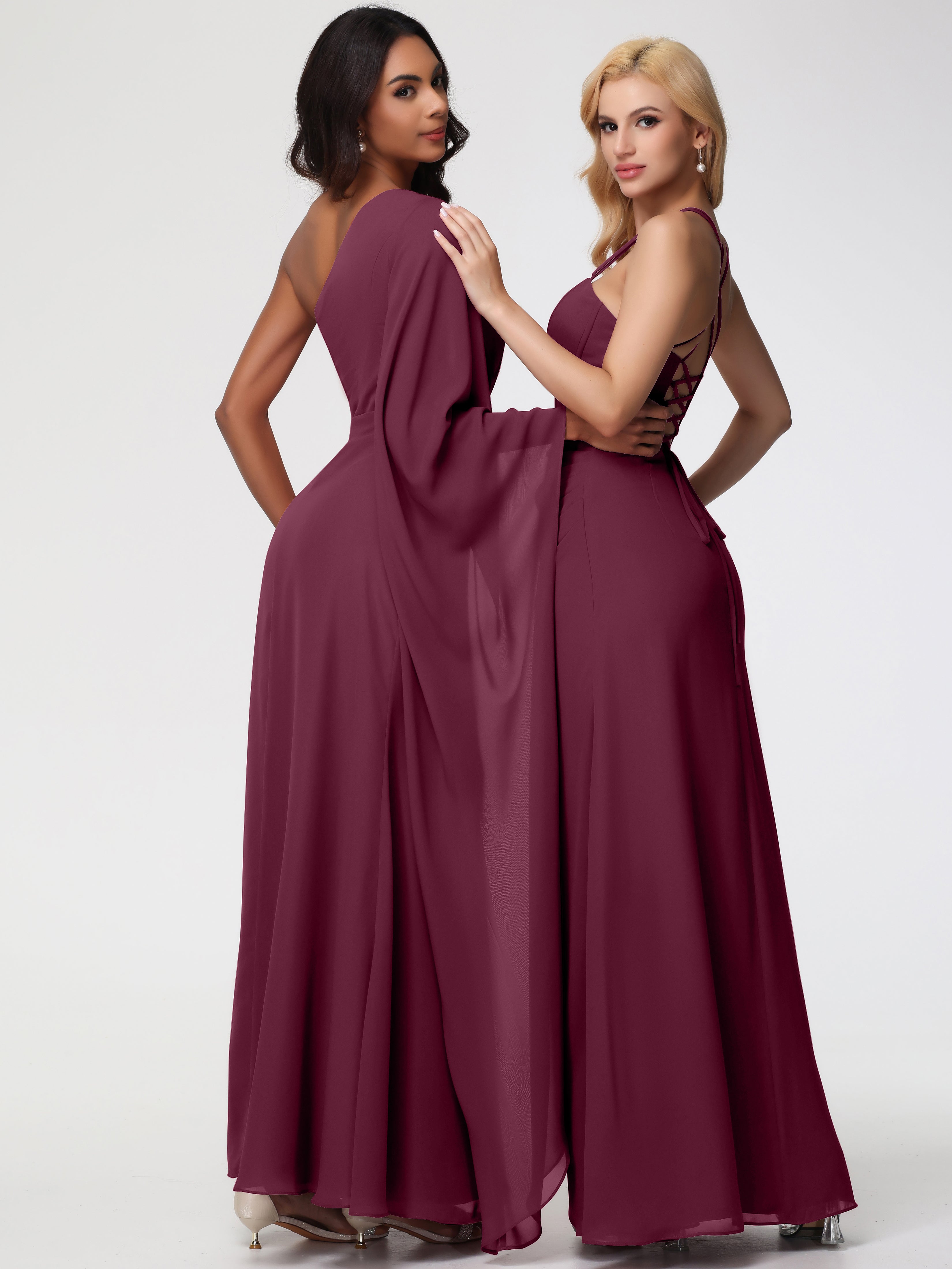 Robes De Demoiselle D'Honneur Mure Seule-Épaule Manches Asymétriques Mousseline Robe Demoiselle D'Honneur