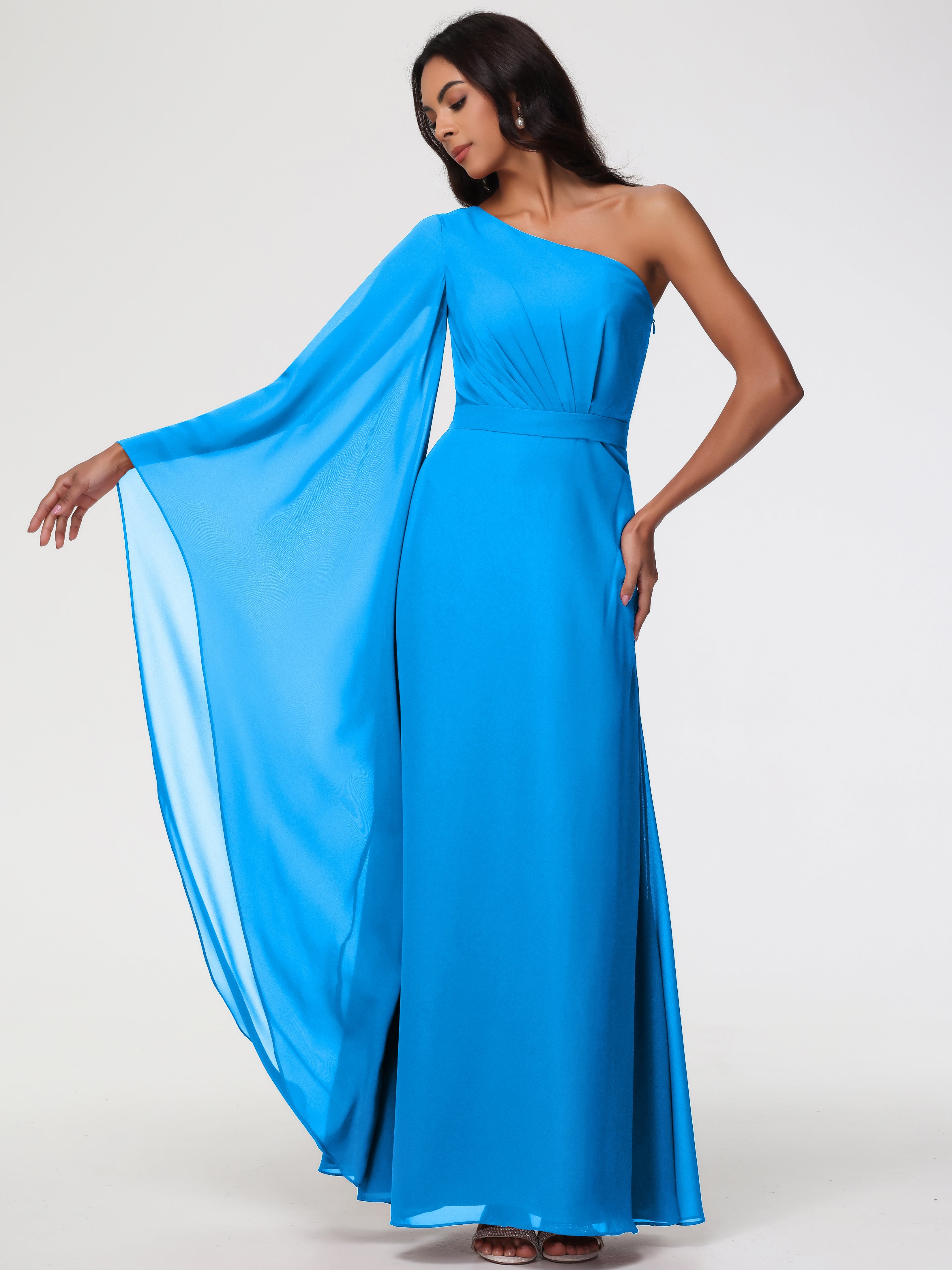 Robes De Demoiselle D'Honneur Bleu Océan Seule-Épaule Manches Asymétriques Mousseline Robe Demoiselle D'Honneur