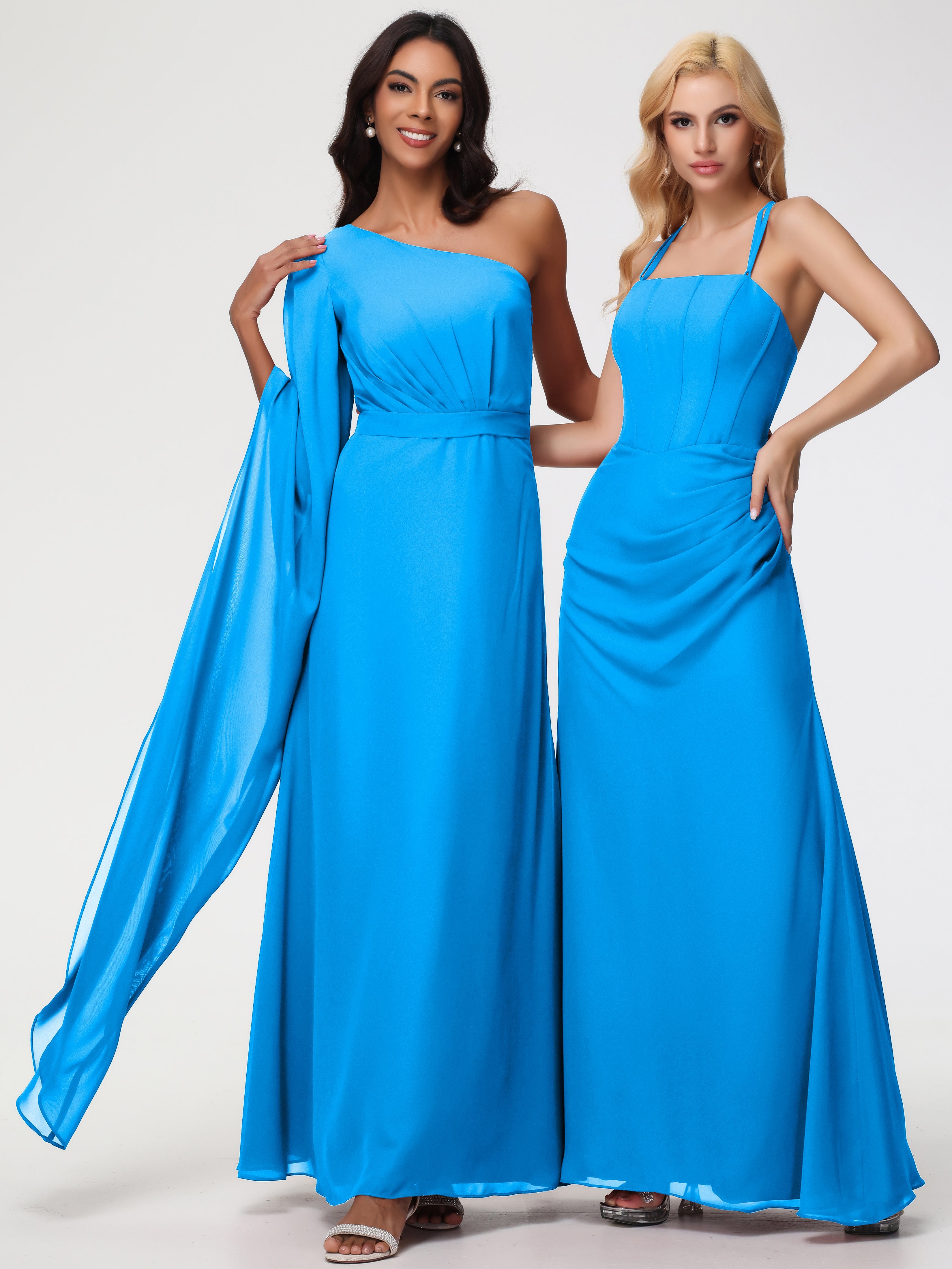 Robes De Demoiselle D'Honneur Bleu Océan Seule-Épaule Manches Asymétriques Mousseline Robe Demoiselle D'Honneur