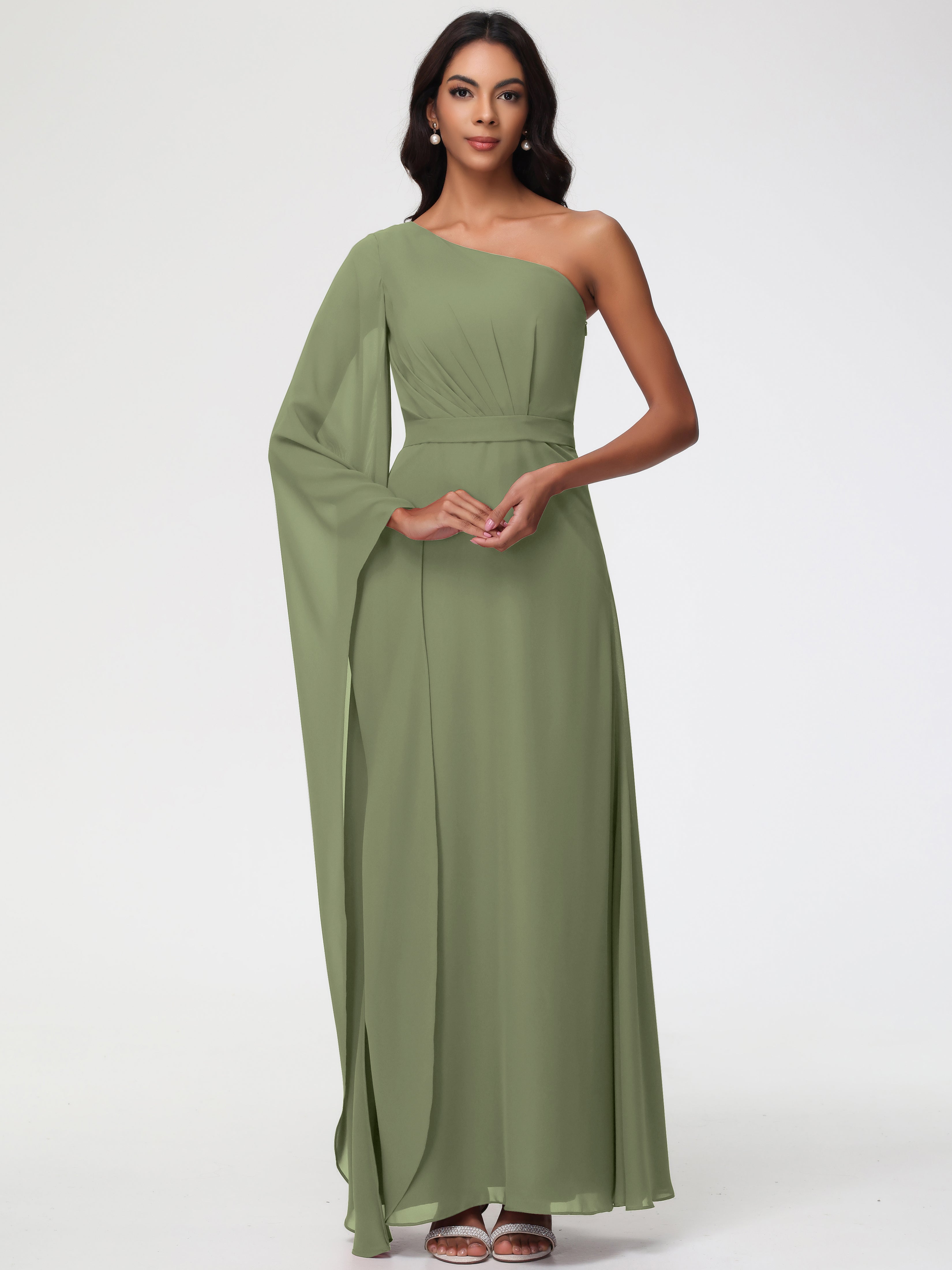 Robe Demoiselle D Honneur Olive Seule-Épaule Manches Asymétriques Mousseline Robe Demoiselle D'Honneur