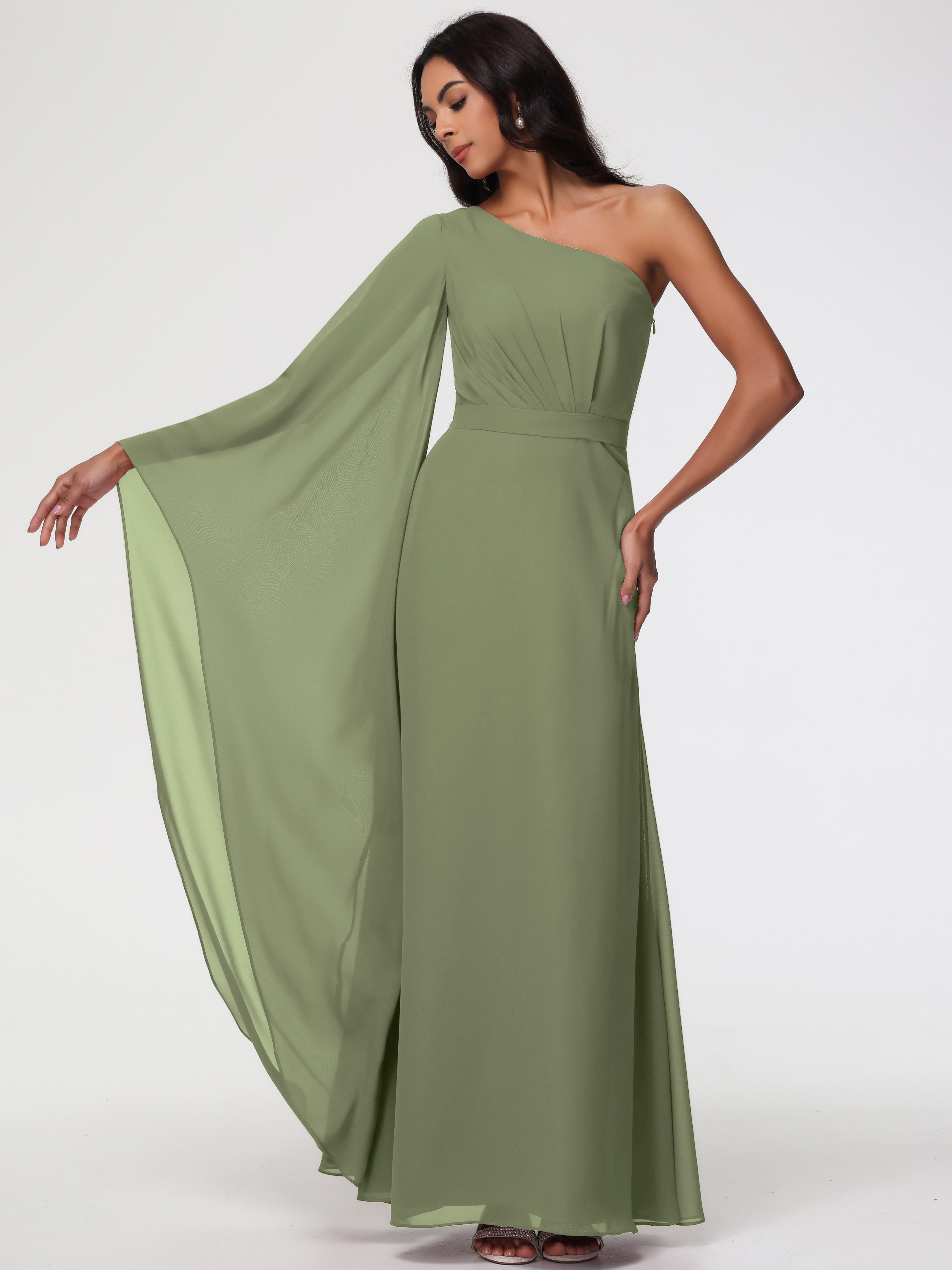 Robe Demoiselle D Honneur Olive Seule-Épaule Manches Asymétriques Mousseline Robe Demoiselle D'Honneur
