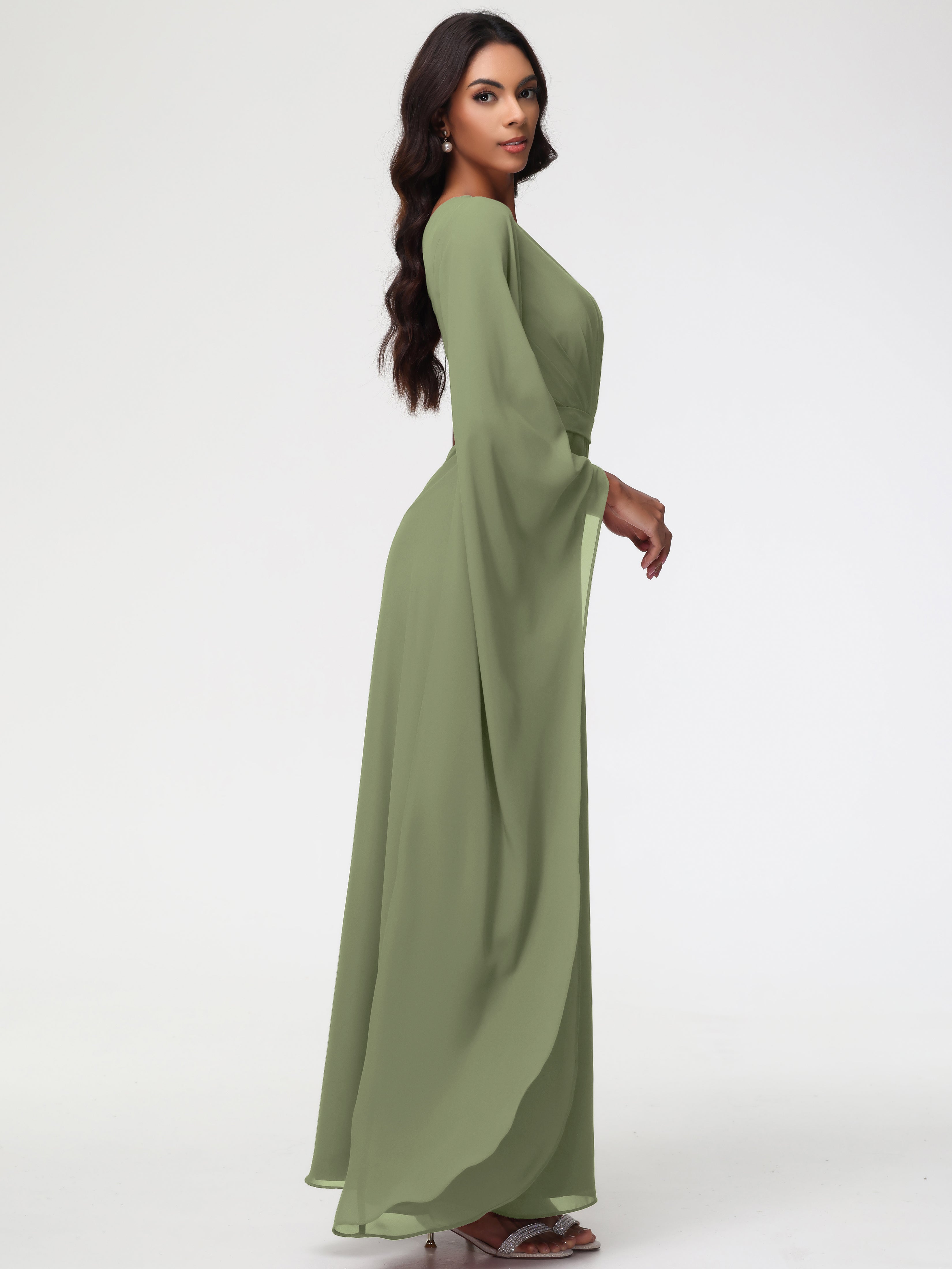 Robe Demoiselle D Honneur Olive Seule-Épaule Manches Asymétriques Mousseline Robe Demoiselle D'Honneur