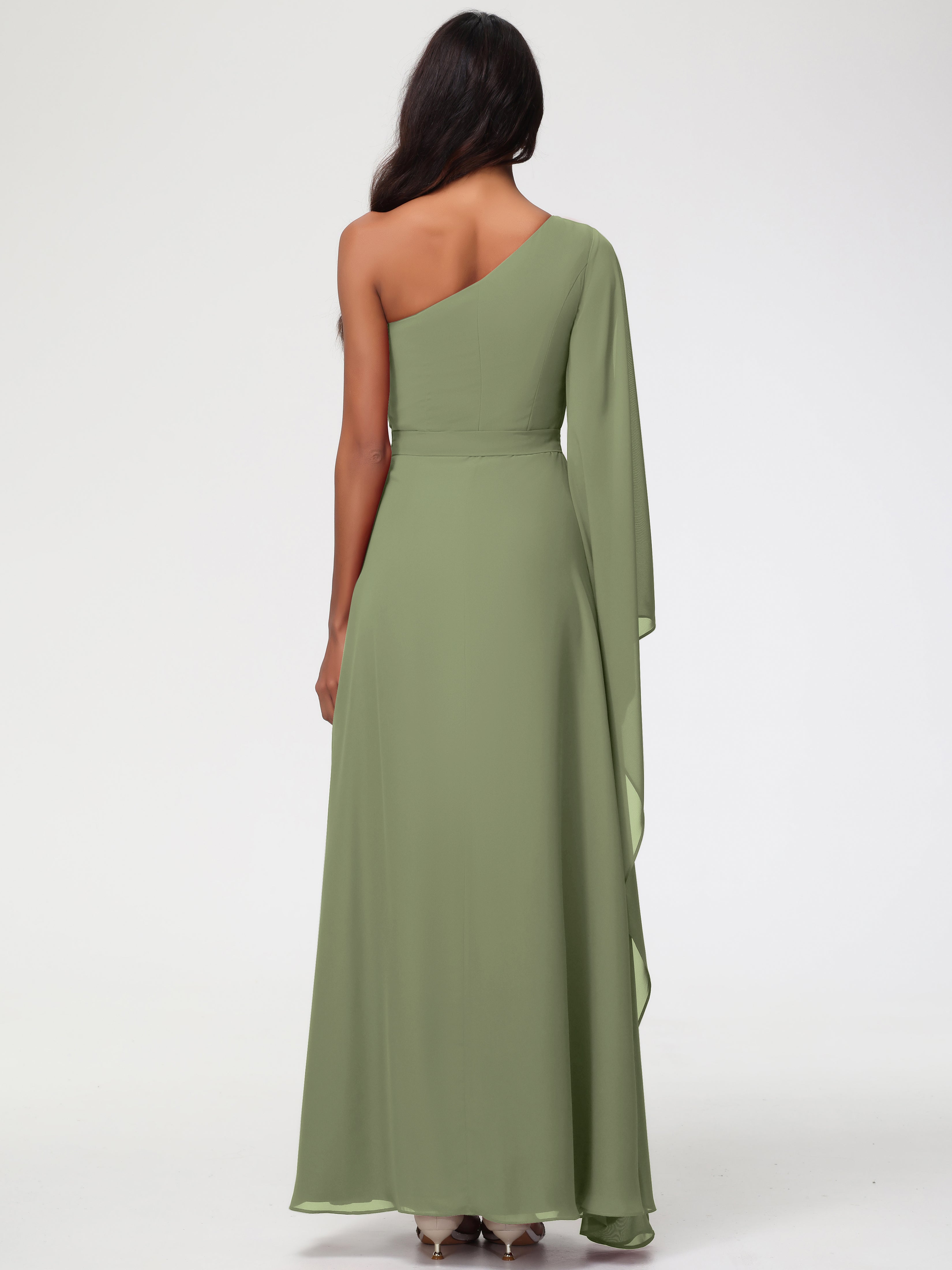 Robe Demoiselle D Honneur Olive Seule-Épaule Manches Asymétriques Mousseline Robe Demoiselle D'Honneur