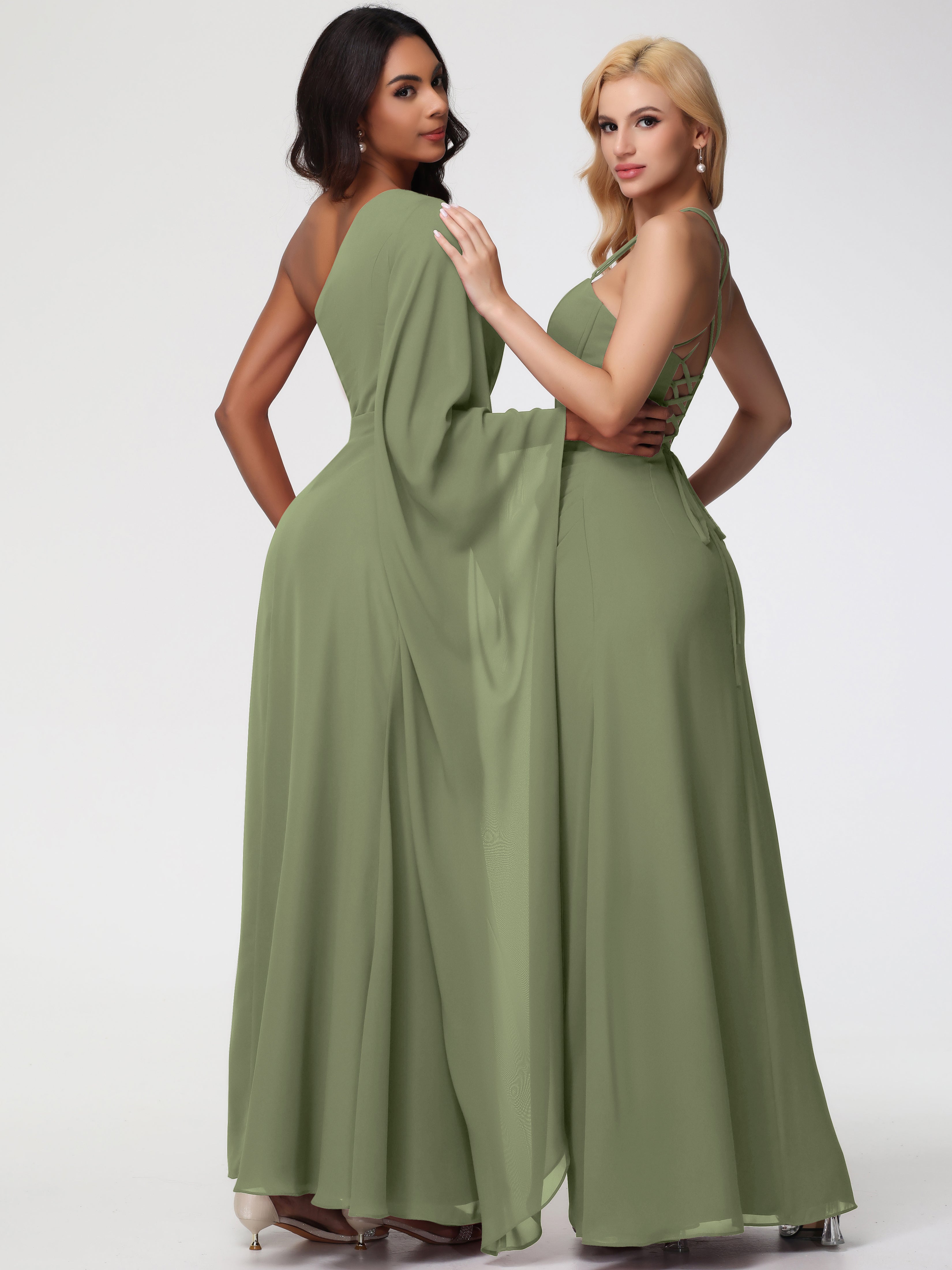 Robe Demoiselle D Honneur Olive Seule-Épaule Manches Asymétriques Mousseline Robe Demoiselle D'Honneur