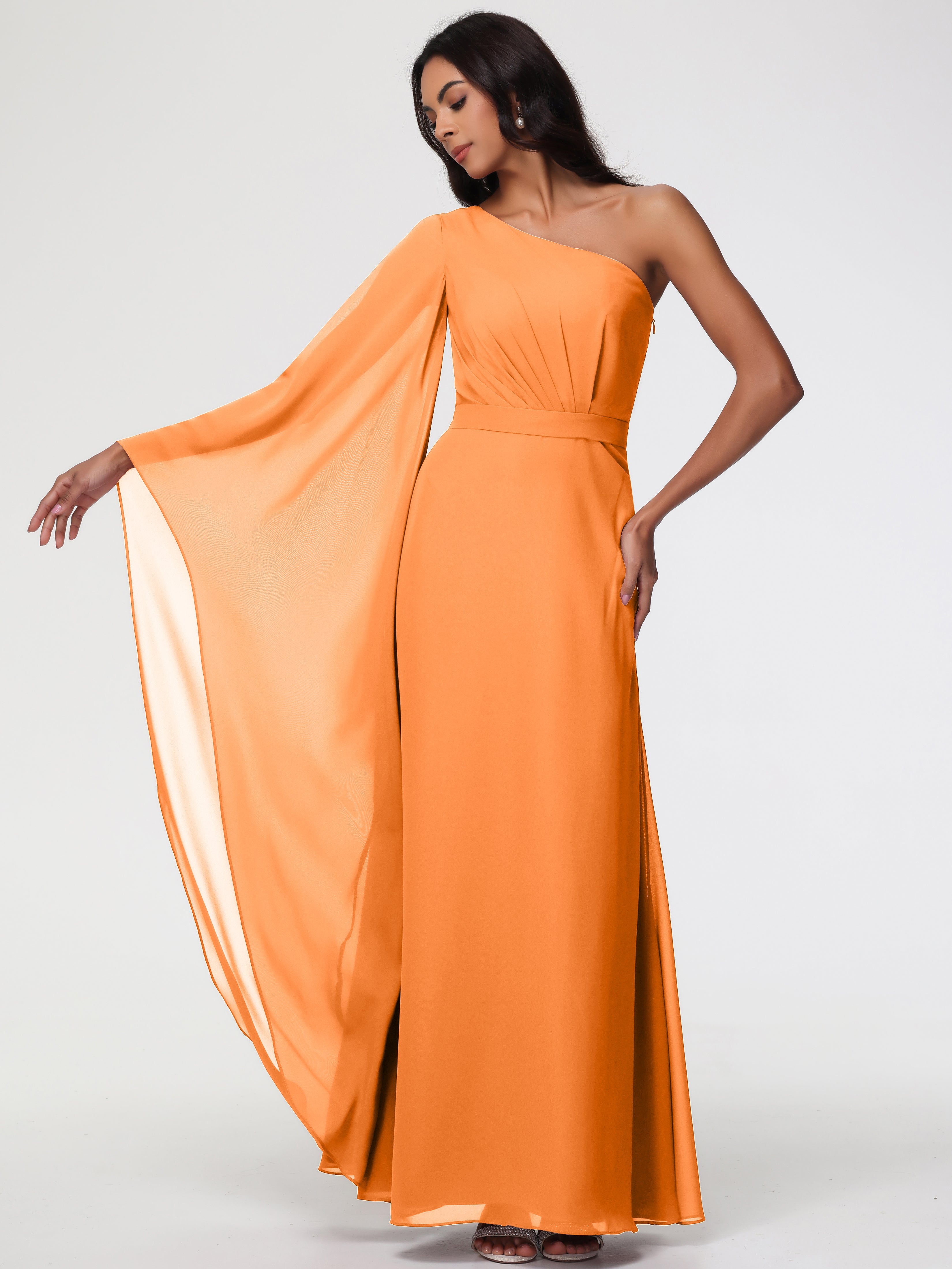 Robe De Demoiselle D Honneur Orange Seule-Épaule Manches Asymétriques Mousseline Robe Demoiselle D'Honneur