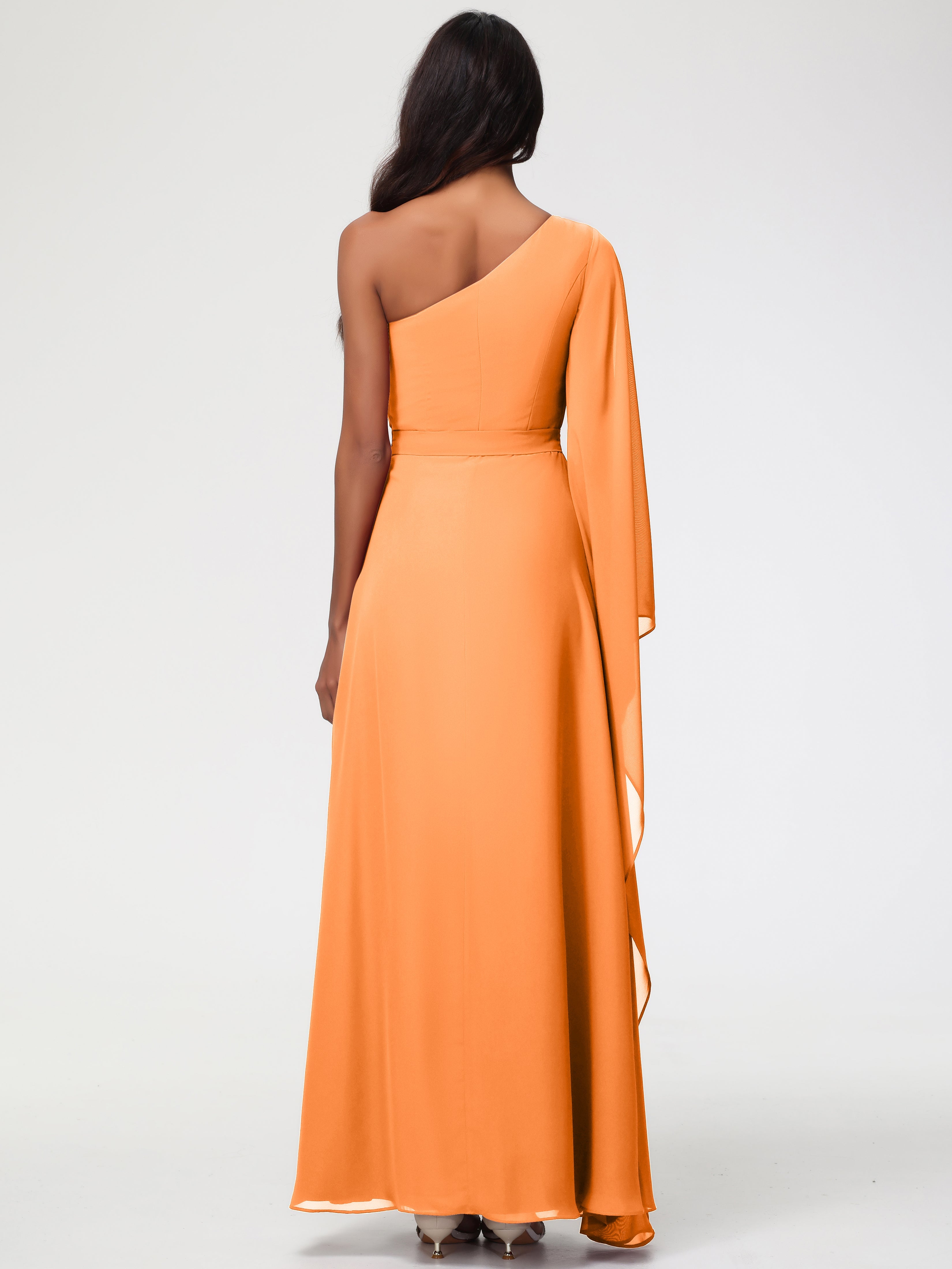 Robe De Demoiselle D Honneur Orange Seule-Épaule Manches Asymétriques Mousseline Robe Demoiselle D'Honneur