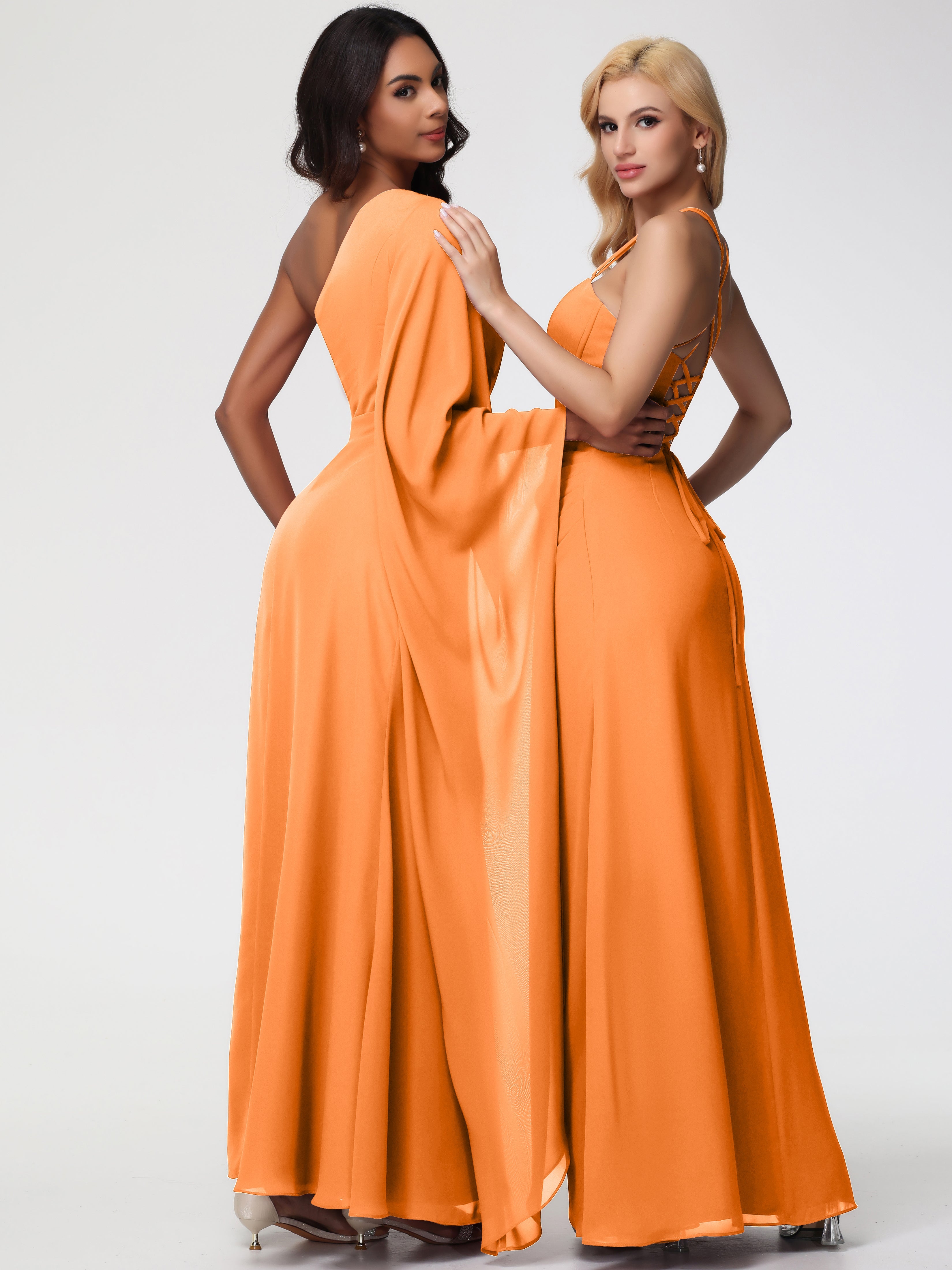 Robe De Demoiselle D Honneur Orange Seule-Épaule Manches Asymétriques Mousseline Robe Demoiselle D'Honneur