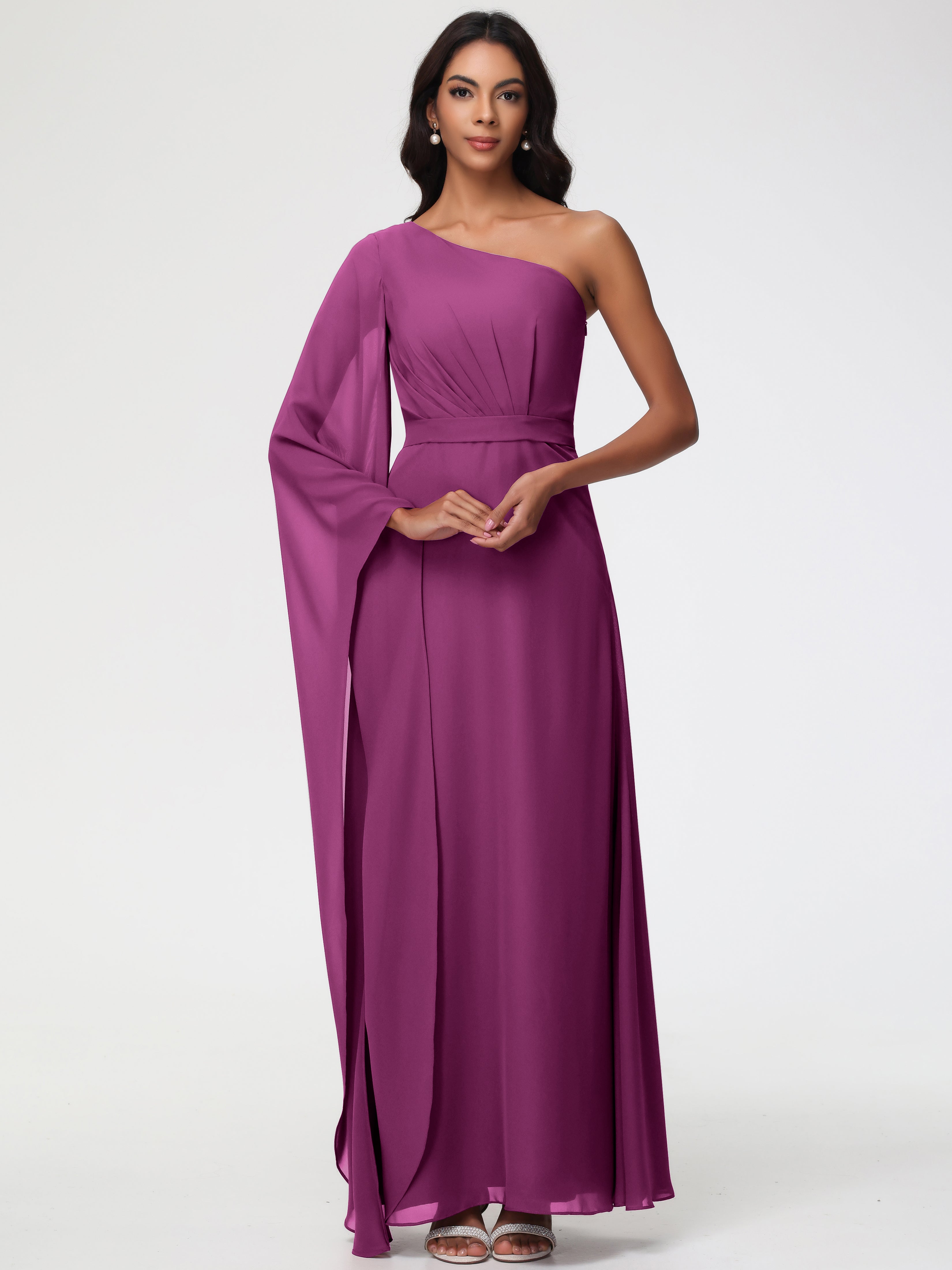 Robes De Demoiselle D'Honneur Orchidée Seule-Épaule Manches Asymétriques Mousseline Robe Demoiselle D'Honneur