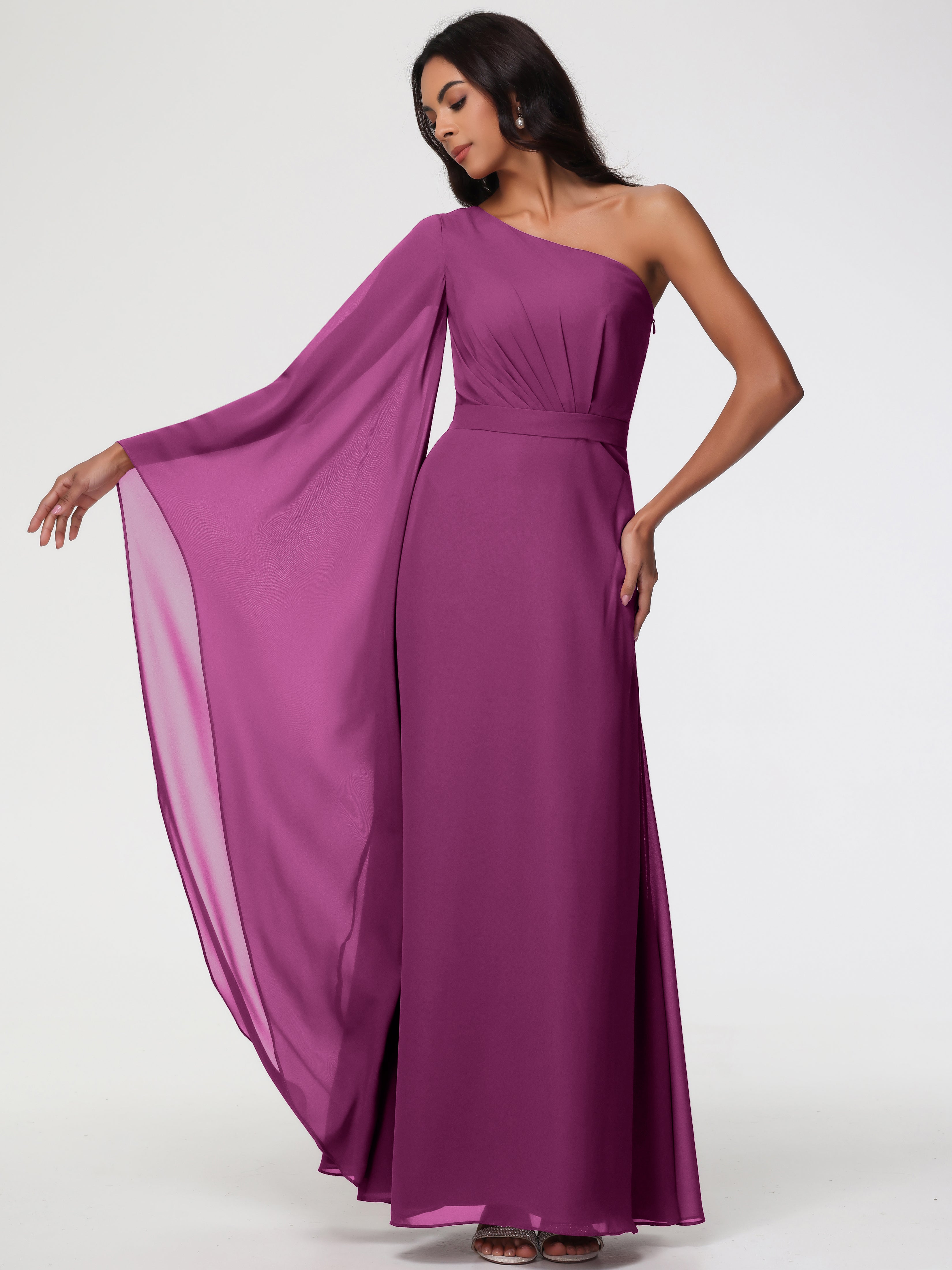 Robes De Demoiselle D'Honneur Orchidée Seule-Épaule Manches Asymétriques Mousseline Robe Demoiselle D'Honneur