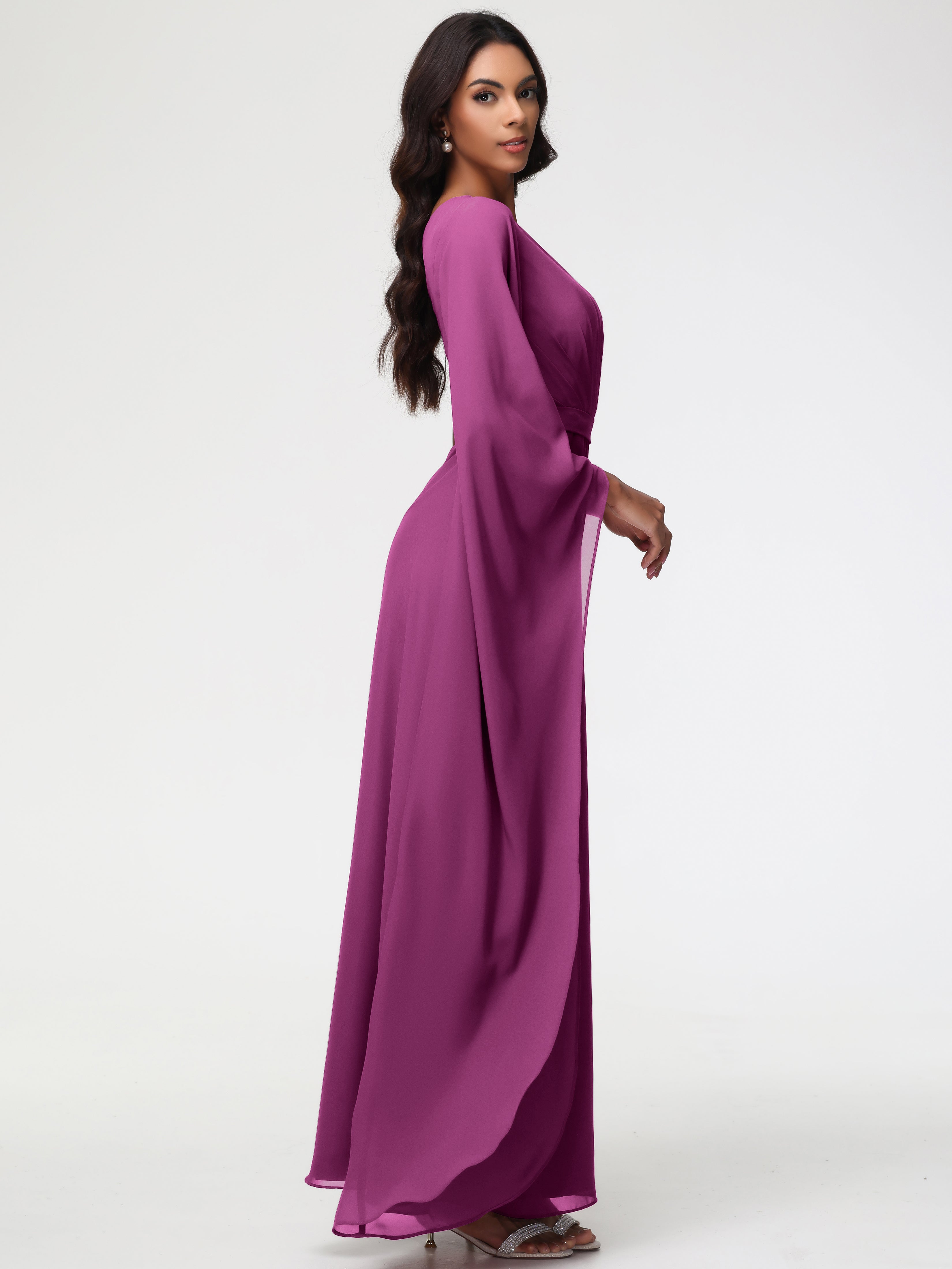 Robes De Demoiselle D'Honneur Orchidée Seule-Épaule Manches Asymétriques Mousseline Robe Demoiselle D'Honneur