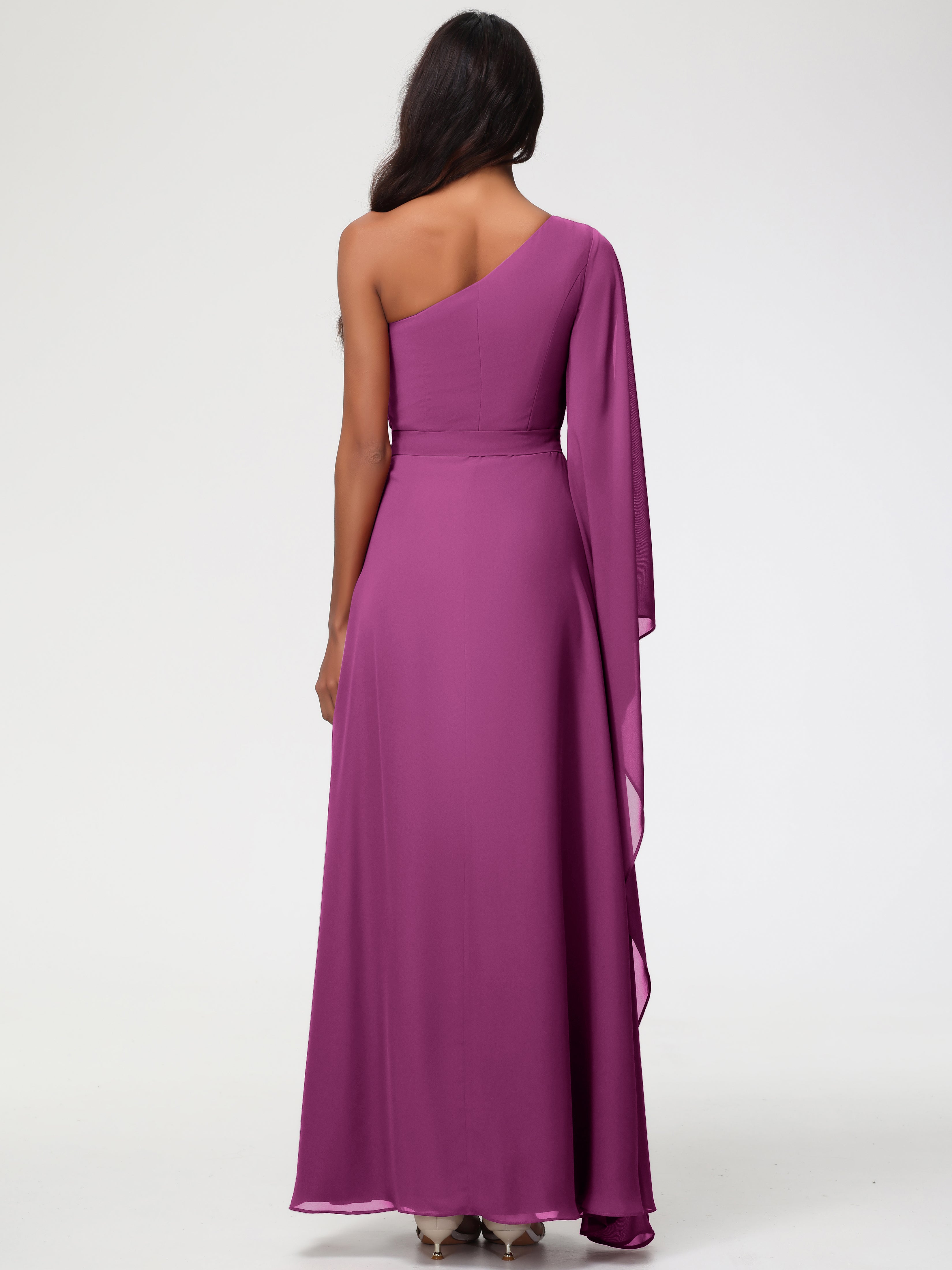 Robes De Demoiselle D'Honneur Orchidée Seule-Épaule Manches Asymétriques Mousseline Robe Demoiselle D'Honneur