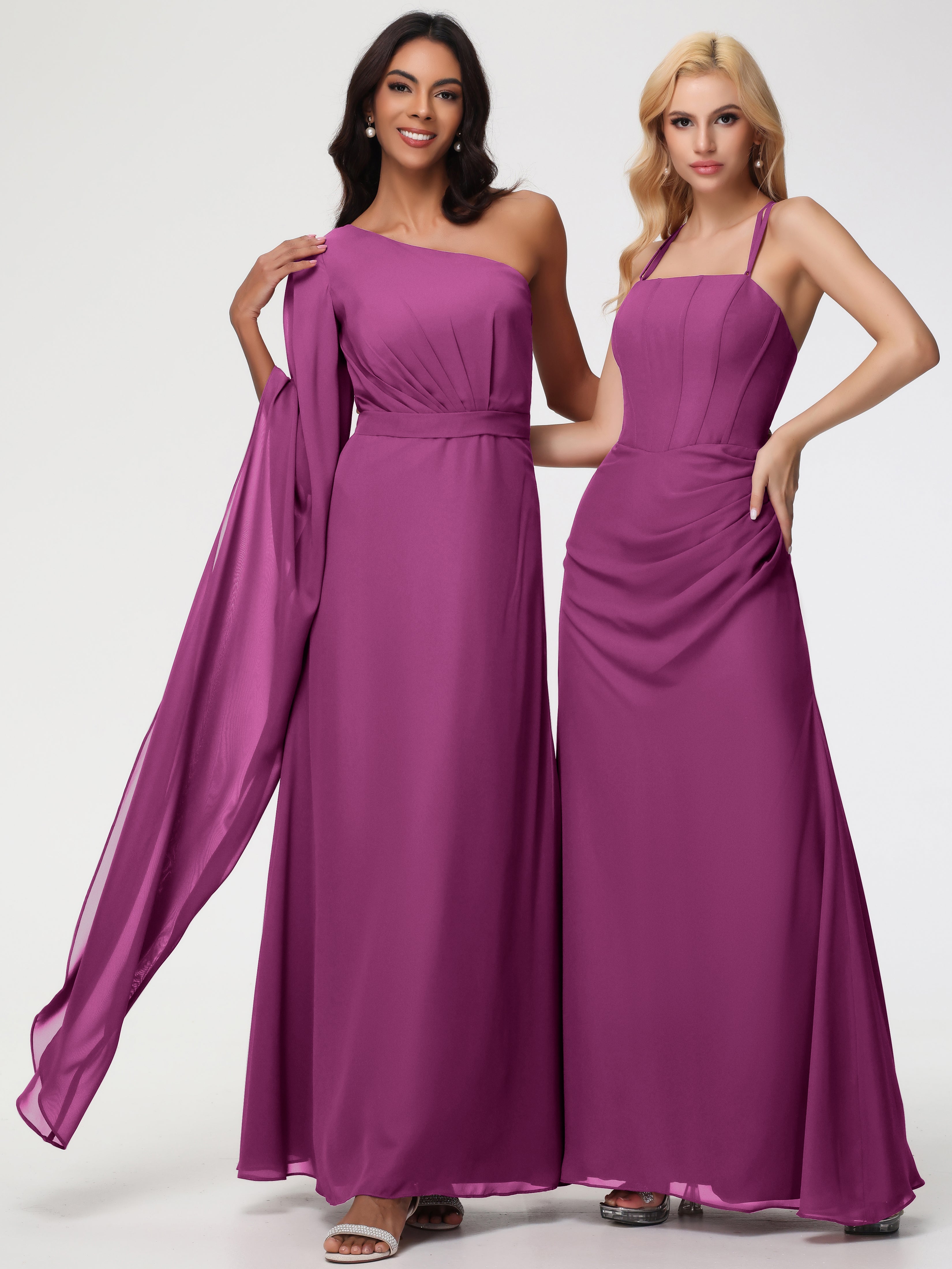 Robes De Demoiselle D'Honneur Orchidée Seule-Épaule Manches Asymétriques Mousseline Robe Demoiselle D'Honneur
