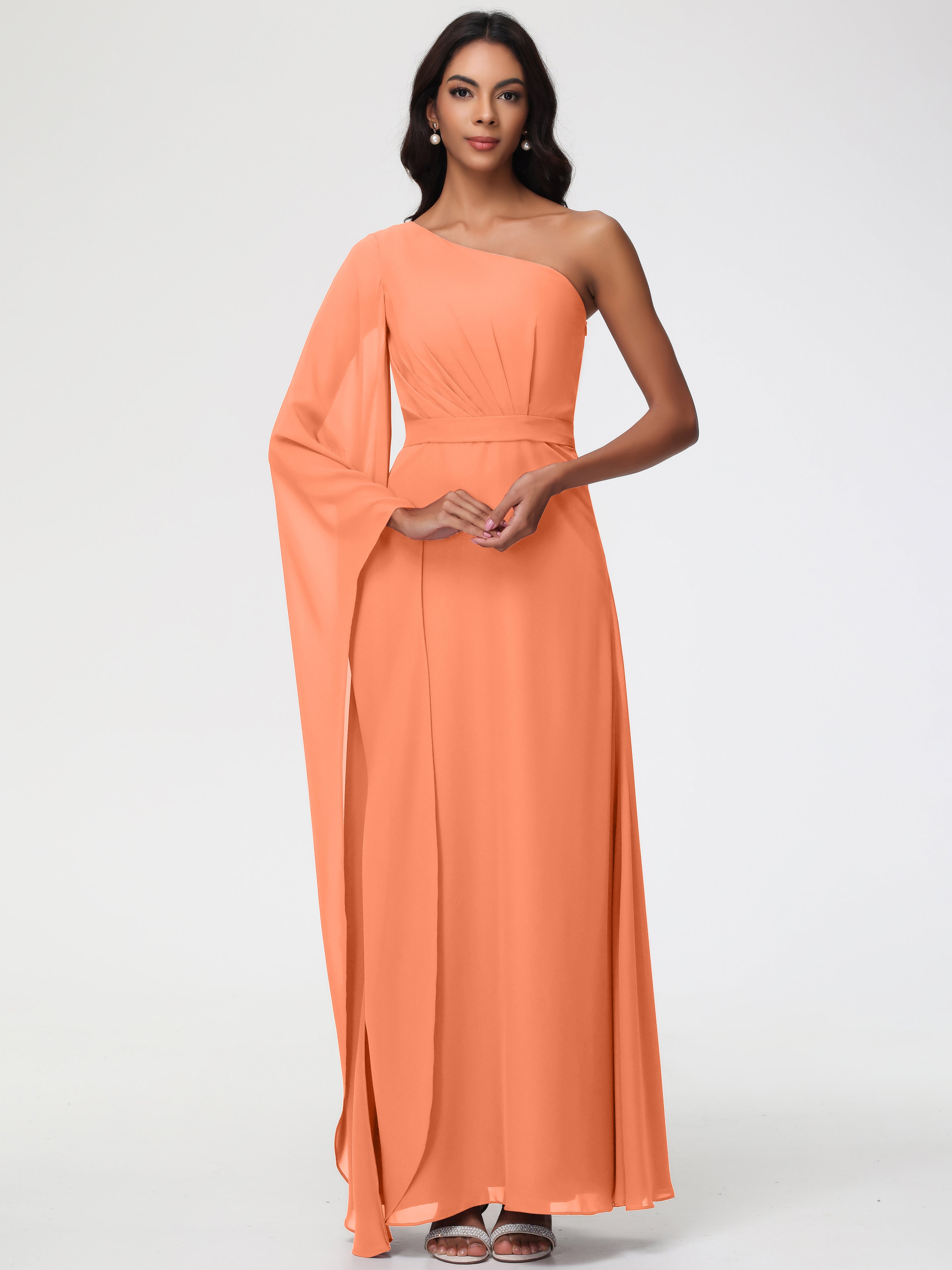 Robes De Demoiselle D'Honneur Papaye Seule-Épaule Manches Asymétriques Mousseline Robe Demoiselle D'Honneur
