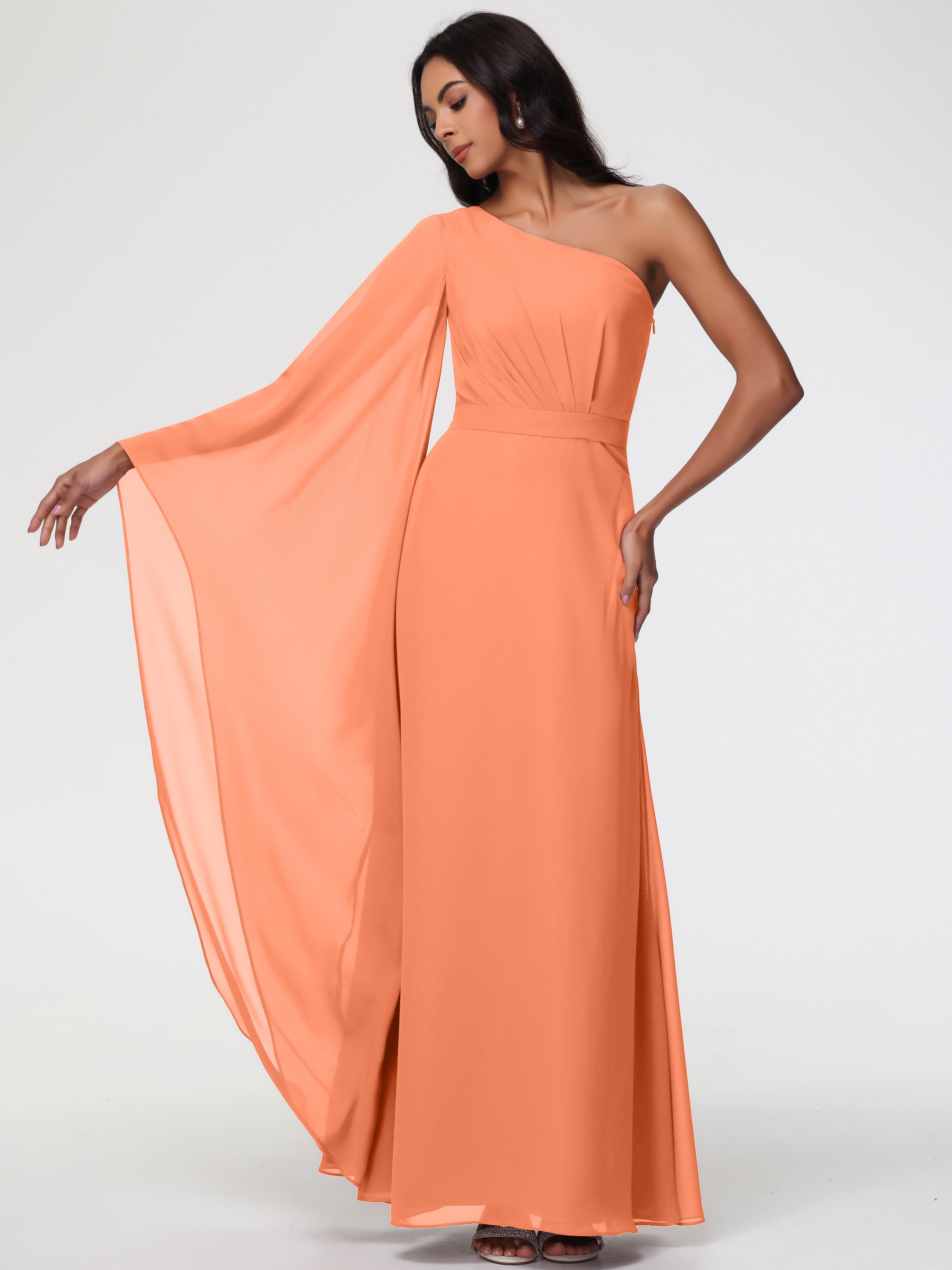 Robes De Demoiselle D'Honneur Papaye Seule-Épaule Manches Asymétriques Mousseline Robe Demoiselle D'Honneur