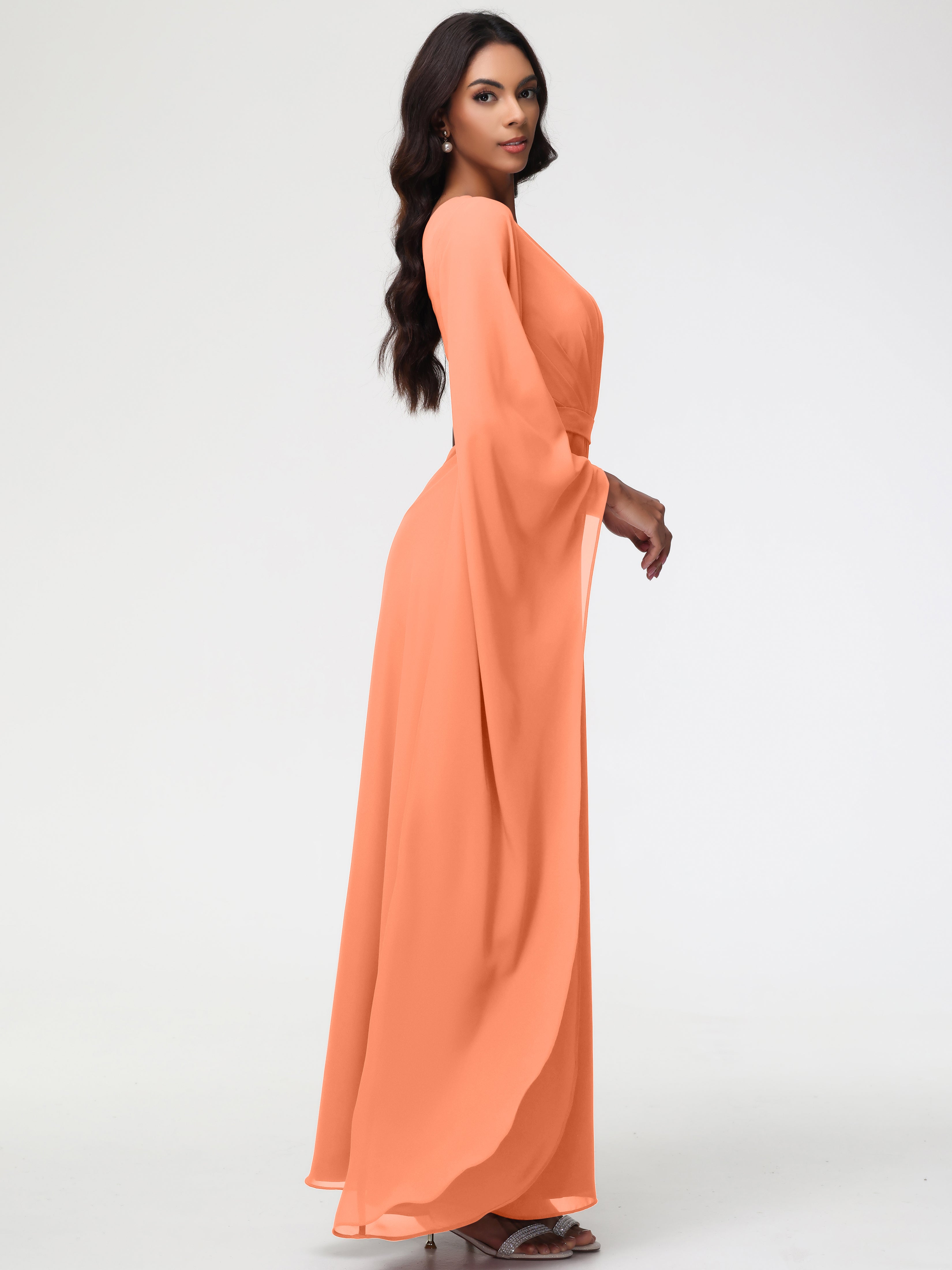 Robes De Demoiselle D'Honneur Papaye Seule-Épaule Manches Asymétriques Mousseline Robe Demoiselle D'Honneur