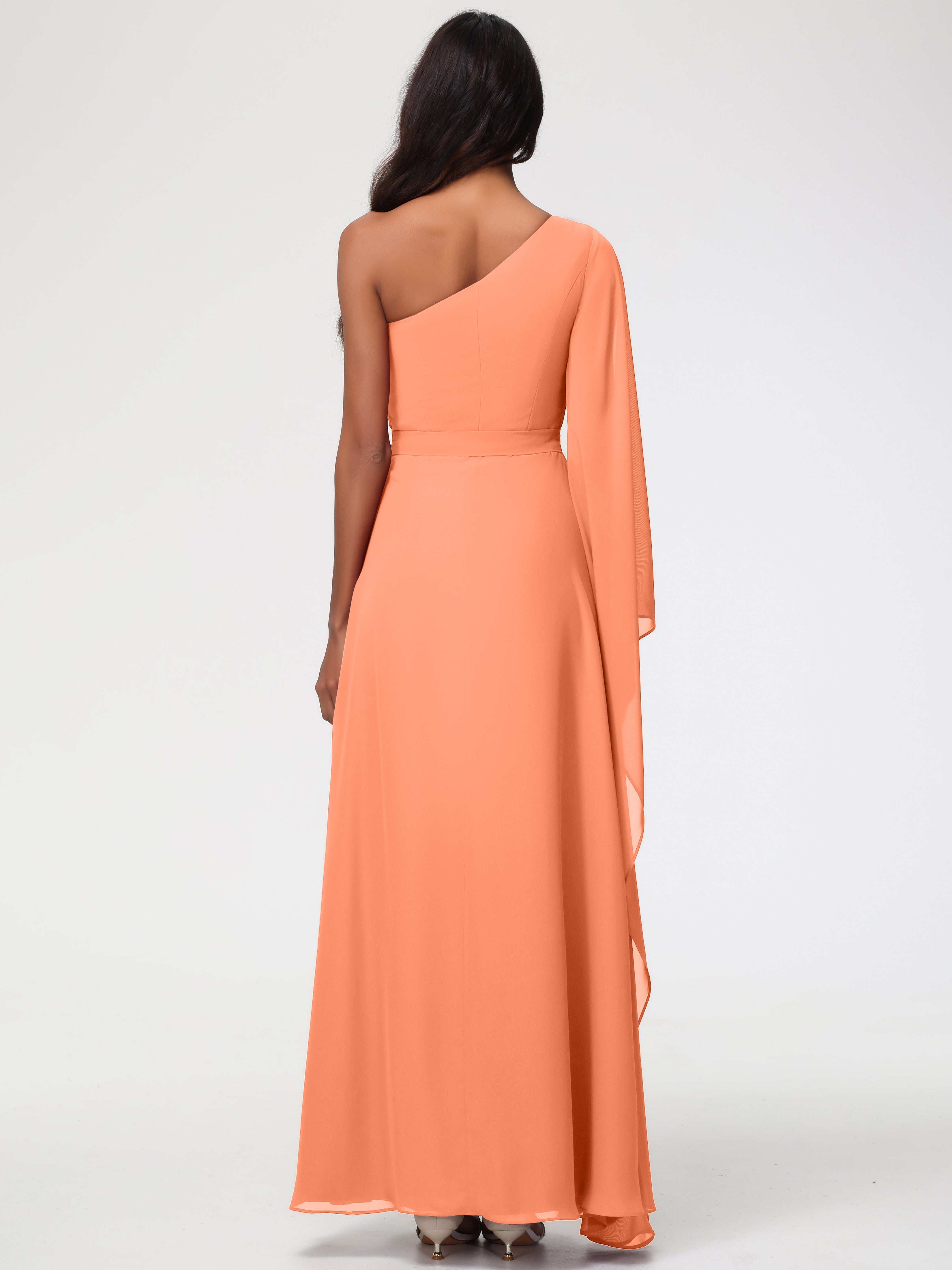 Robes De Demoiselle D'Honneur Papaye Seule-Épaule Manches Asymétriques Mousseline Robe Demoiselle D'Honneur