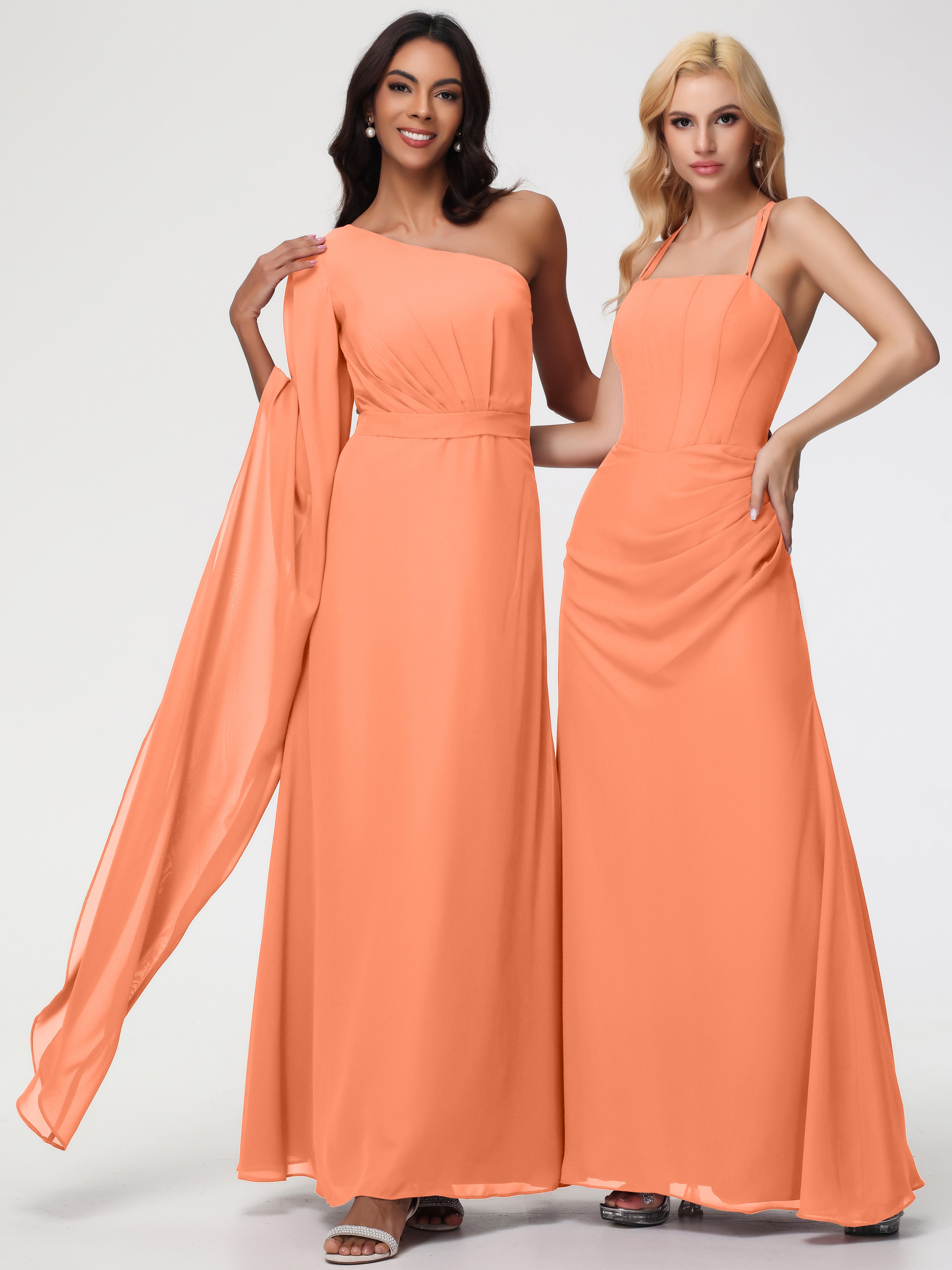 Robes De Demoiselle D'Honneur Papaye Seule-Épaule Manches Asymétriques Mousseline Robe Demoiselle D'Honneur