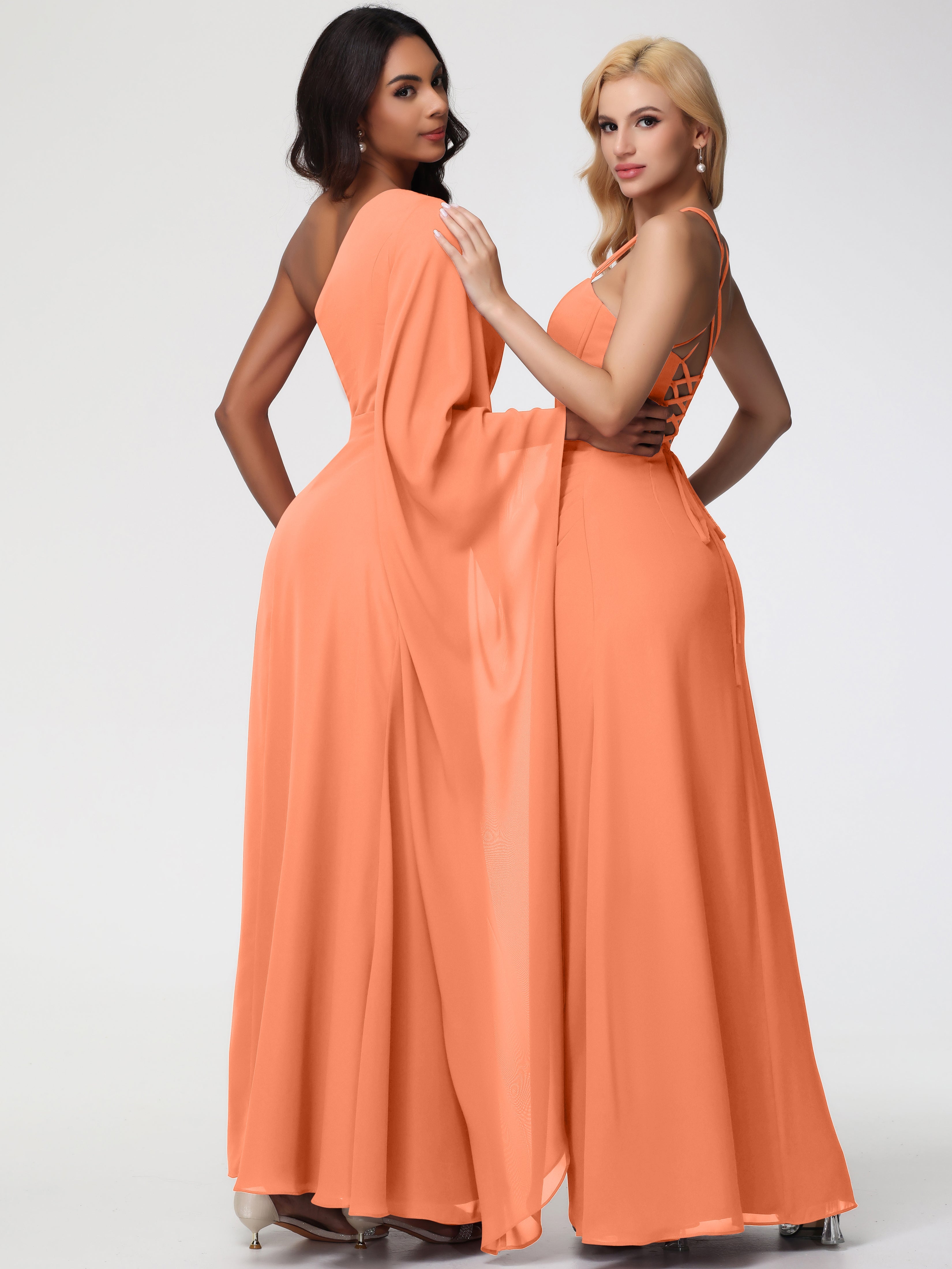 Robes De Demoiselle D'Honneur Papaye Seule-Épaule Manches Asymétriques Mousseline Robe Demoiselle D'Honneur